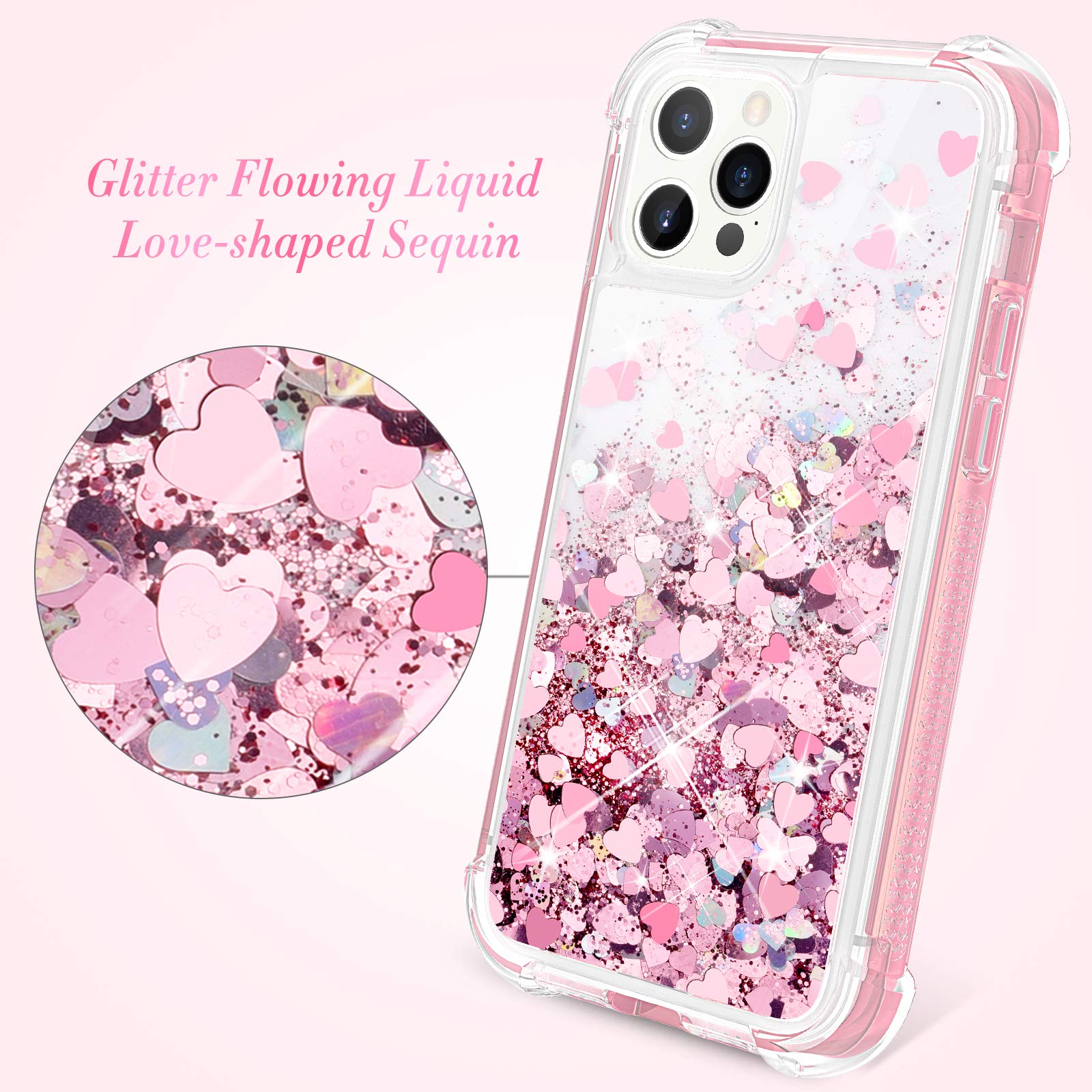 iPhone 12 Pro Max Case (6.7 inch, 2020) - Glitter Bling Liquid Sparkle Clear Protective Cover with Fashion Flowing Quicksand Design | Rose Gold | Perfect for Women & Girls | Great for Parties, Daily Use & Gift Giving