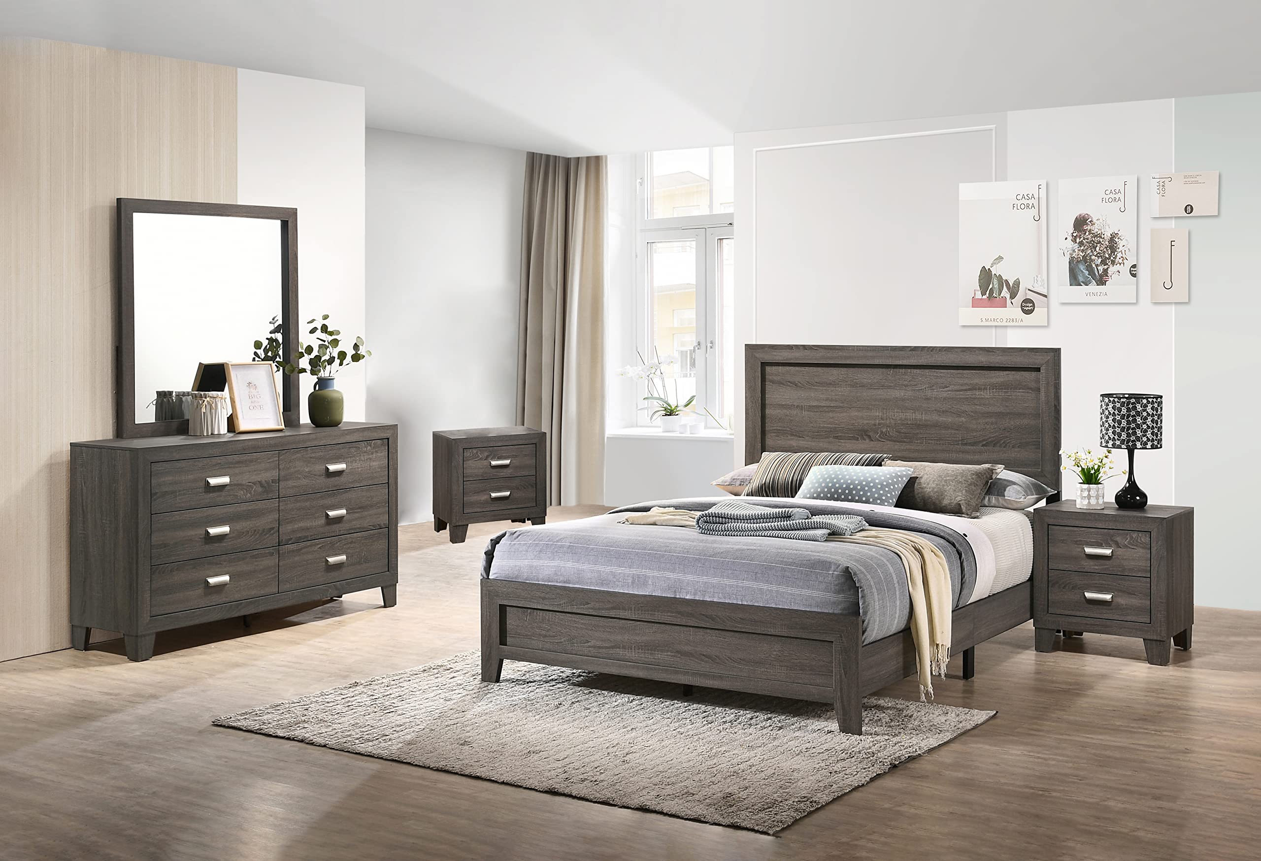 5-Piece Queen Bedroom Set with Bed, Dresser, Mirror & 2 Nightstands in Gray - Perfect for Master Bedroom, Guest Room & Apartment Furniture