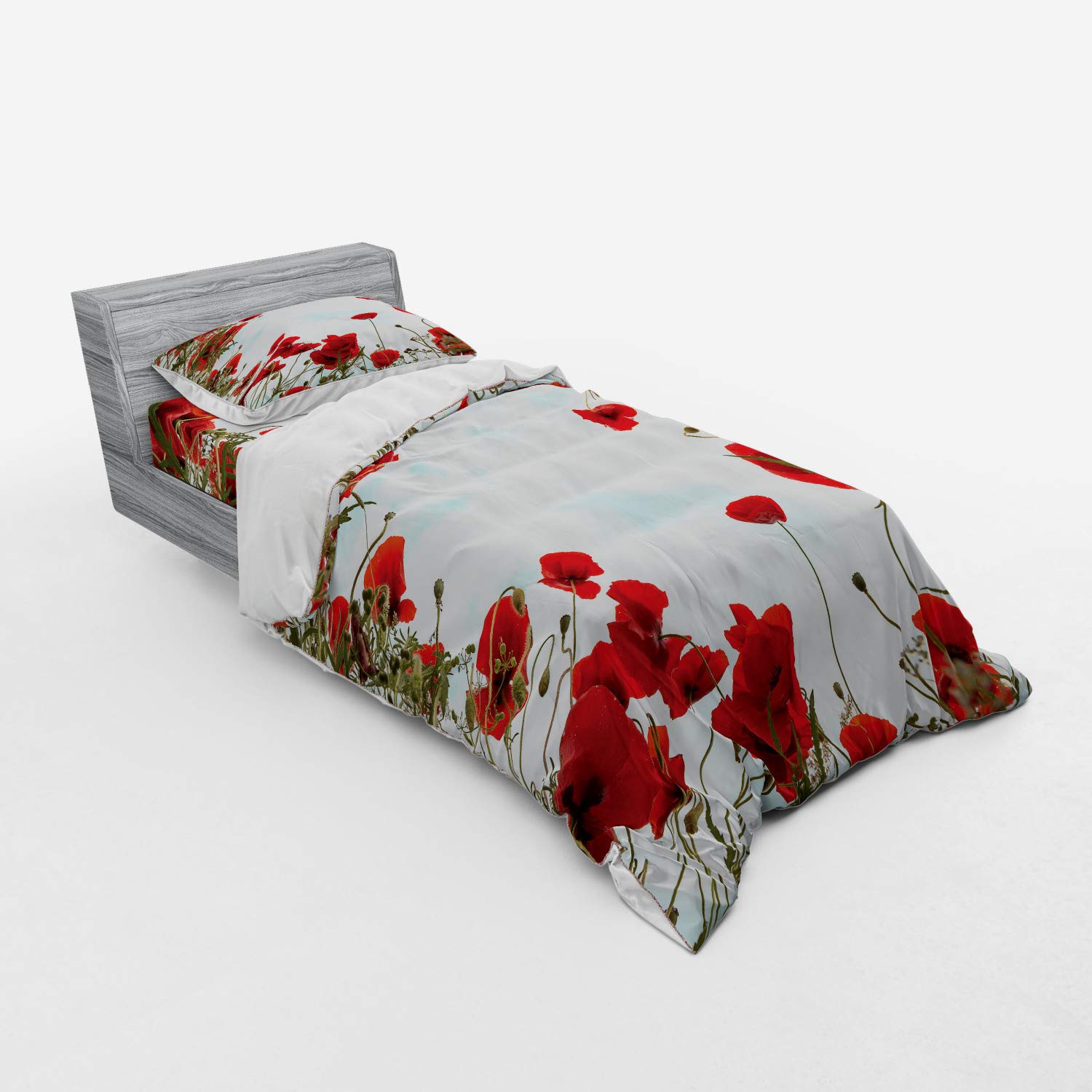 Ambesonne Poppy Flower Duvet Cover Set - 3 Piece Twin Size Bedding with Sham & Fitted Sheet, Vibrant Vermilion & Pale Blue Meadow Print - Perfect for Spring Bedroom Decor & Cozy Farmhouse Style