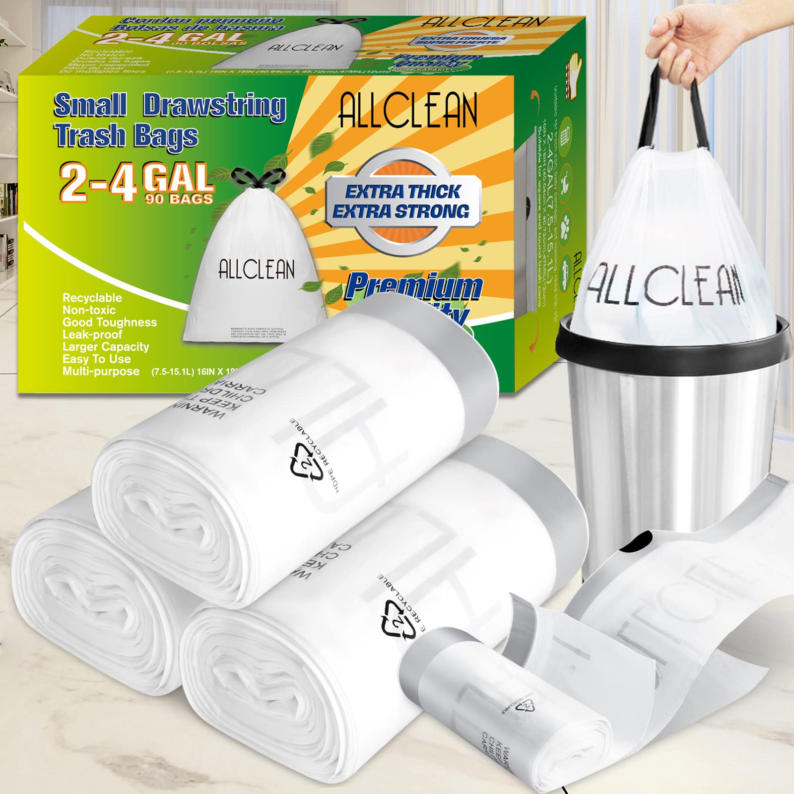 Small Trash Bags 2-4 Gallon with Drawstring & Handles - Ultra Strong White Kitchen Garbage Bags (90 Count) for Bathroom, Bedroom, Office & Car - 15L Wastebasket Liners for Daily Household Use