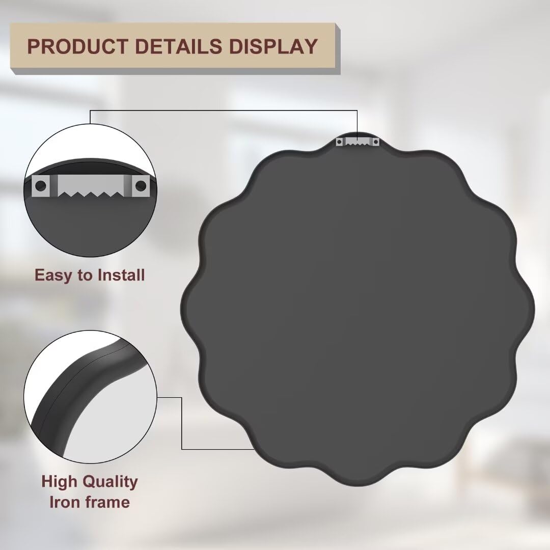 20 Inch Black Round Wavy Bathroom Vanity Mirror - Gold Frame Modern Wall Mirror with Anti-Rust Tempered Glass - Perfect for Bathroom, Bedroom & Living Room Decor