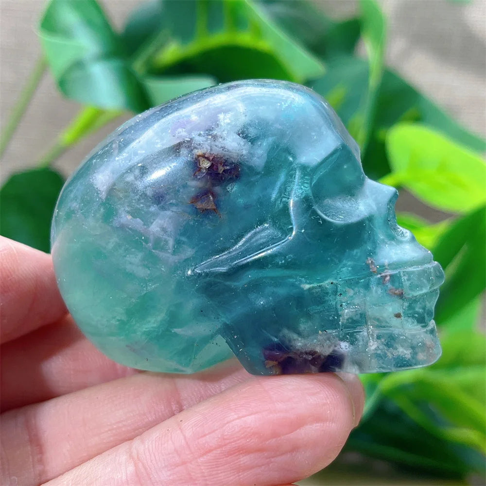 Natural Green and Purple Fluorite Crystal Skull Carving - Healing Stone, Quartz Mineral Gemstone for Spiritual Crafts, Home Decor, Meditation & Energy Work