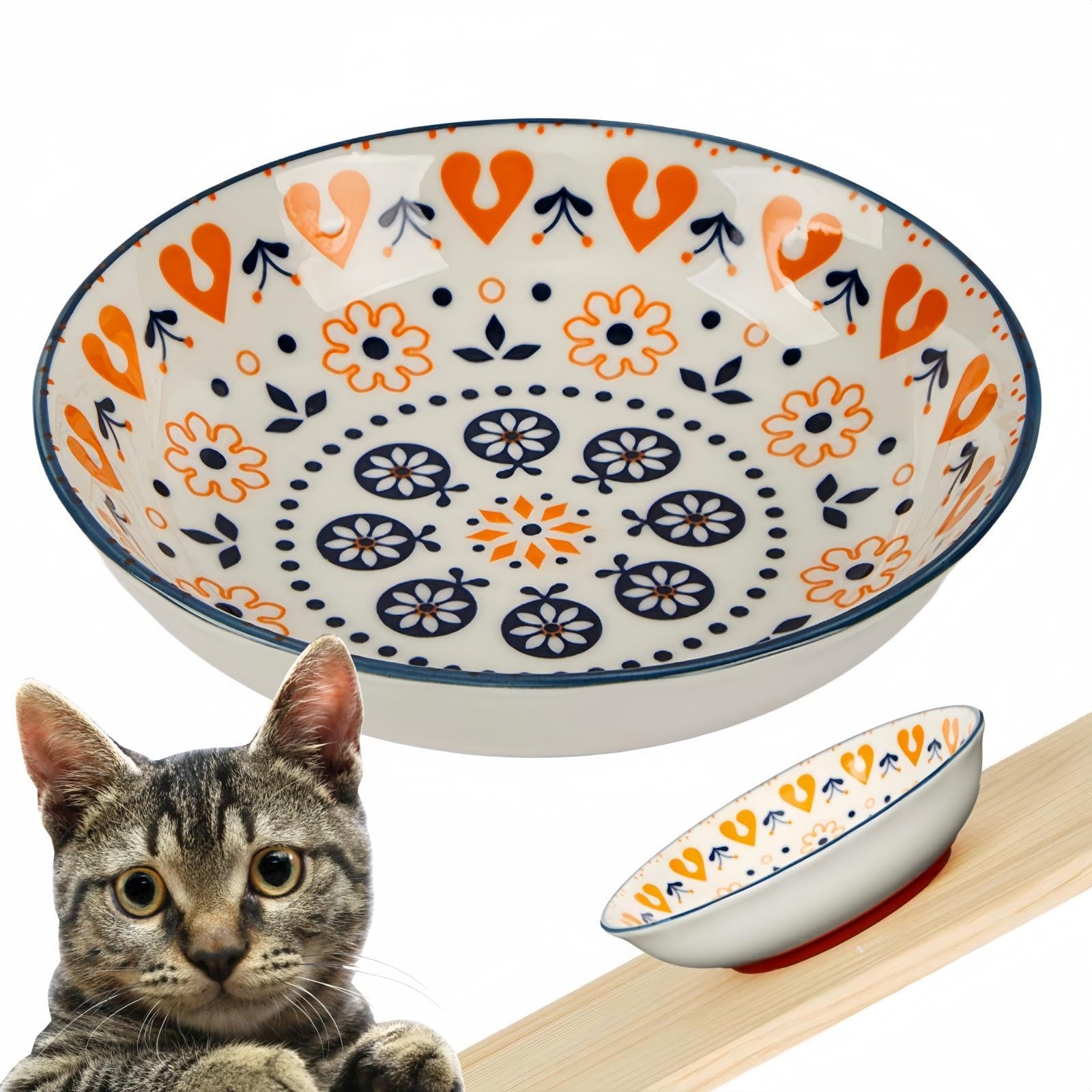 Anti Whisker Fatigue Cat Bowl - 5.5 Inch Ceramic Cat Food Dish with Non-Slip Silicone Base | Shallow Wide Pet Bowl for Kittens & Adult Cats | Perfect for Stress-Free Feeding at Home