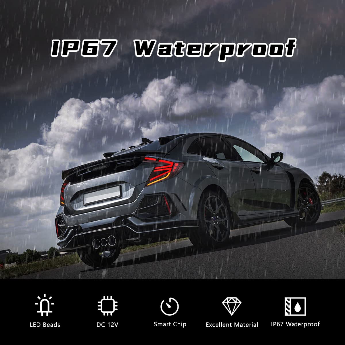 2016-2020 Honda Civic Type-R Hatchback LED Tail Lights - Red Lens Sequential Turn Signal DRL Reverse Brake Light Assembly | Upgrade for Night Driving & Car Shows