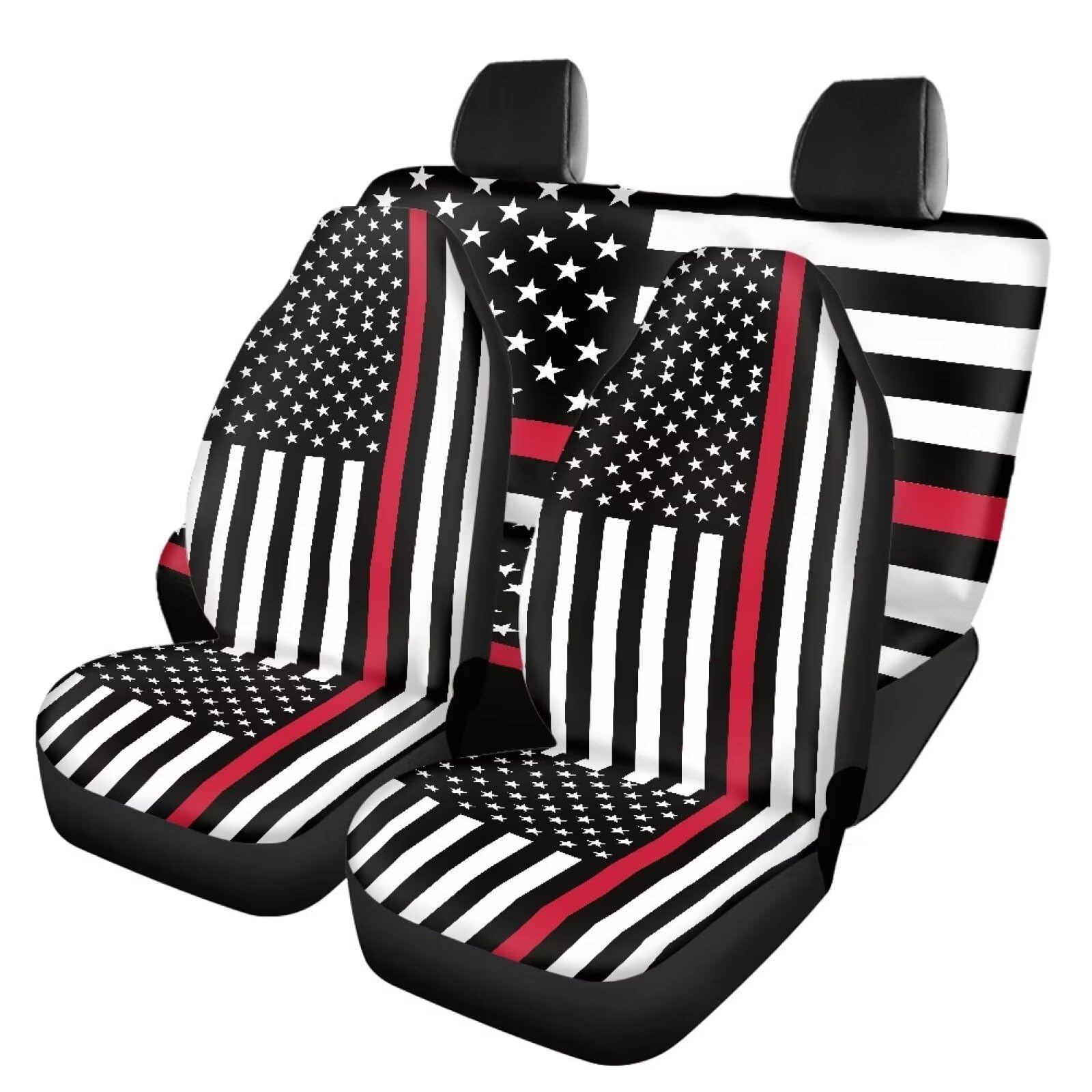 Xoenoiee 4-Pack American Flag Print Car Seat Covers - Full Set Front & Back Bench Seat Protectors | Universal Fit Dust-Proof Auto Accessories for Trucks, SUVs & Sedans | Perfect for Road Trips, Camping & Patriotic Decor