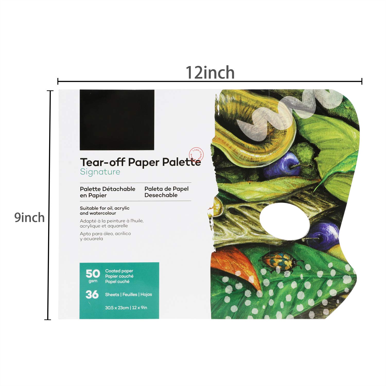Disposable Tear-Off Paper Palette Pad 12x9 Inch - 36 Sheets Heavy Duty Coated Artist Palette Paper with Thumb Hole for Gouache, Watercolor & Oil Painting - Perfect for Studio, Classroom & Outdoor Art Projects