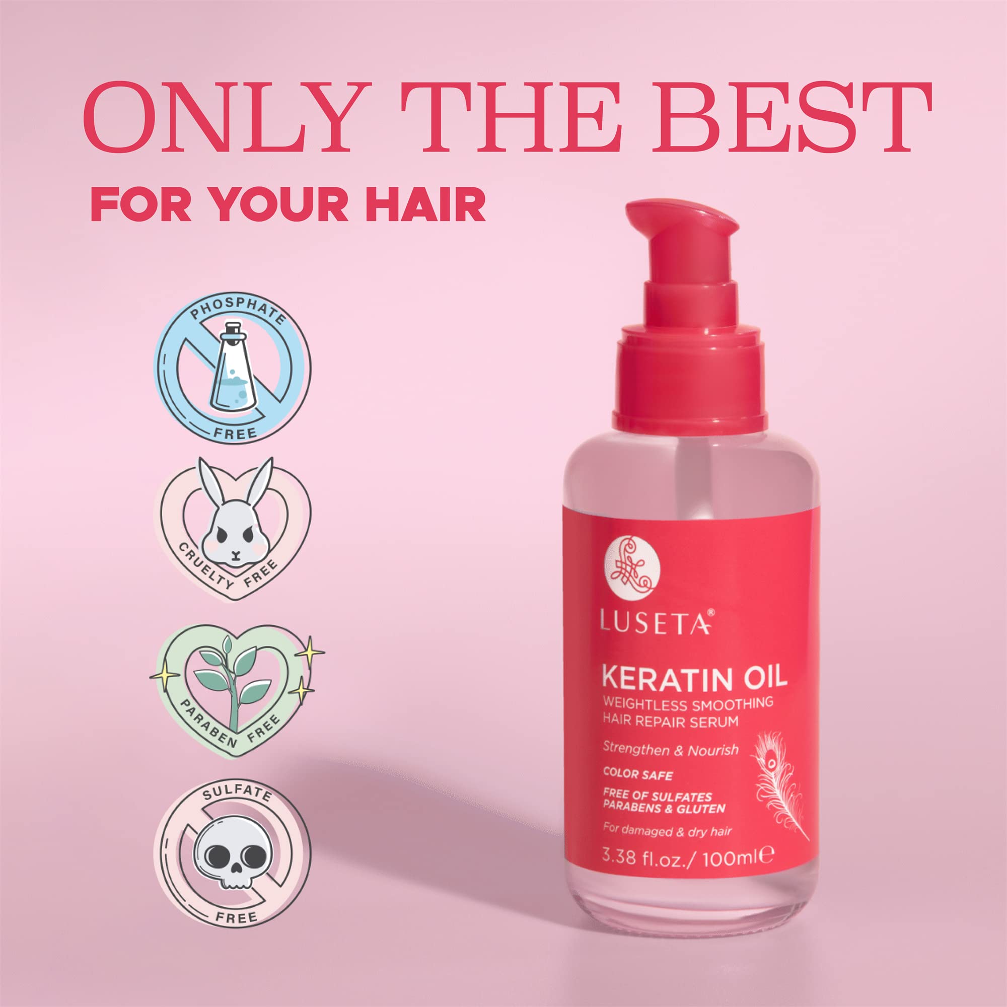 Luseta Keratin Hair Oil Serum for Color Treated Damaged & Dry Hair - Strengthening & Nourishing Treatment with Keratin, Sulfate-Free, Paraben-Free, Gluten-Free (3.38 oz) - Perfect for Daily Hair Care, Styling & Repairing Split Ends