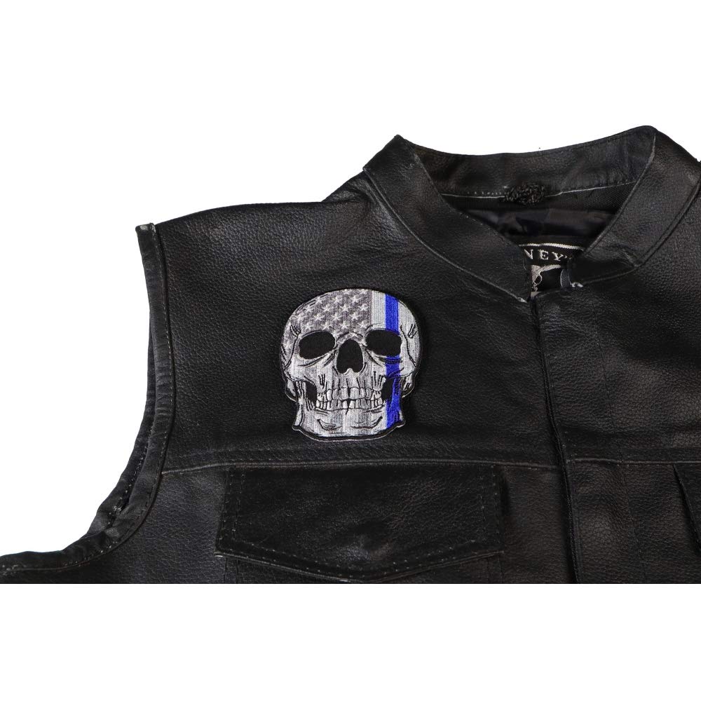 Blue Stripe American Flag Skull Police Patch - Embroidered Badge for Law Enforcement, Biker Vest & Military Uniform | Tactical Gear Accessory for Jackets, Hats & Backpacks