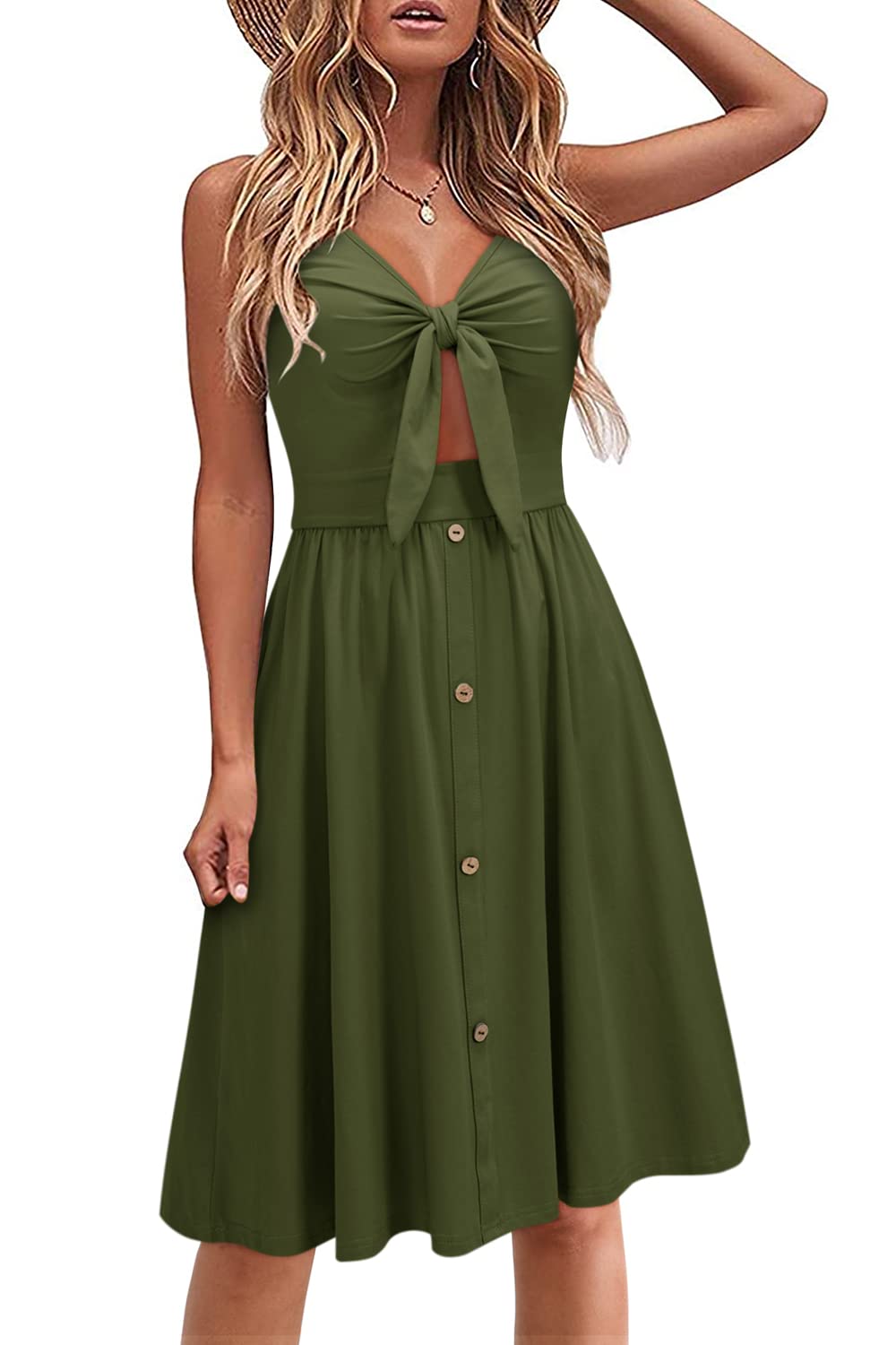 VOTEPRETTY Women's Floral V-Neck Tie Front Spaghetti Strap Summer Dress with Pockets - Beach Cover Up, Vacation Outfit, Casual Sundress for Outdoor Parties & Date Nights