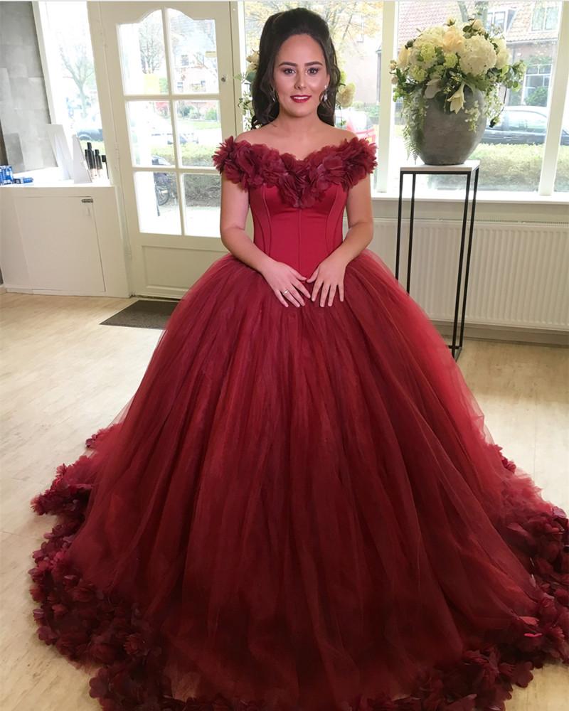 Burgundy V-Neck Tulle Ball Gown Quinceanera Dress for Sweet 16, Prom, or Formal Events - Elegant Flower Embroidery & Flowing Skirt