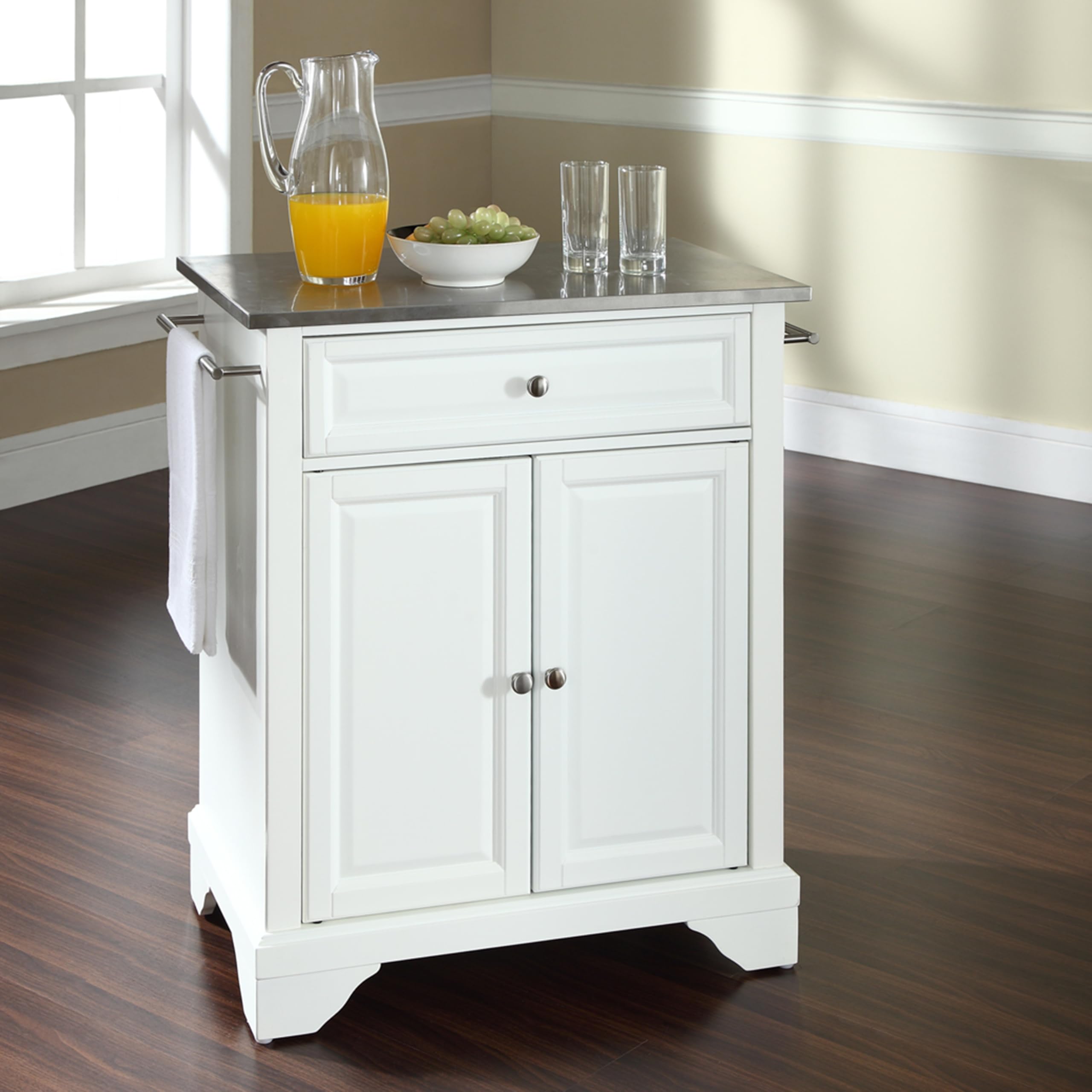 Crosley LaFayette Stainless Steel Top Rolling Kitchen Island Cart with Storage - White | Microwave Stand, Small Kitchen Organizer for Apartments & Compact Spaces