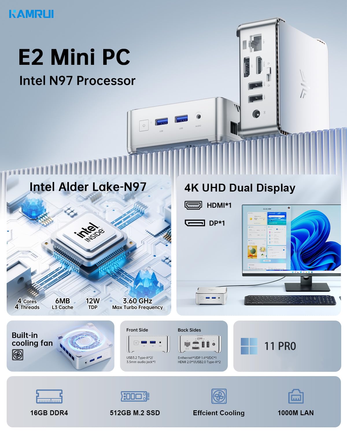KAMRUI E2 Mini PC 11 Pro - 12th Gen Intel Alder Lake N97 Processor (Up to 3.6GHz), 16GB RAM, 512GB M.2 SSD, 4K Display Support, USB 3.2, WiFi 6, Bluetooth 5.0, Gigabit Ethernet - Compact Desktop Computer for Home Office, Gaming, and Digital Signage