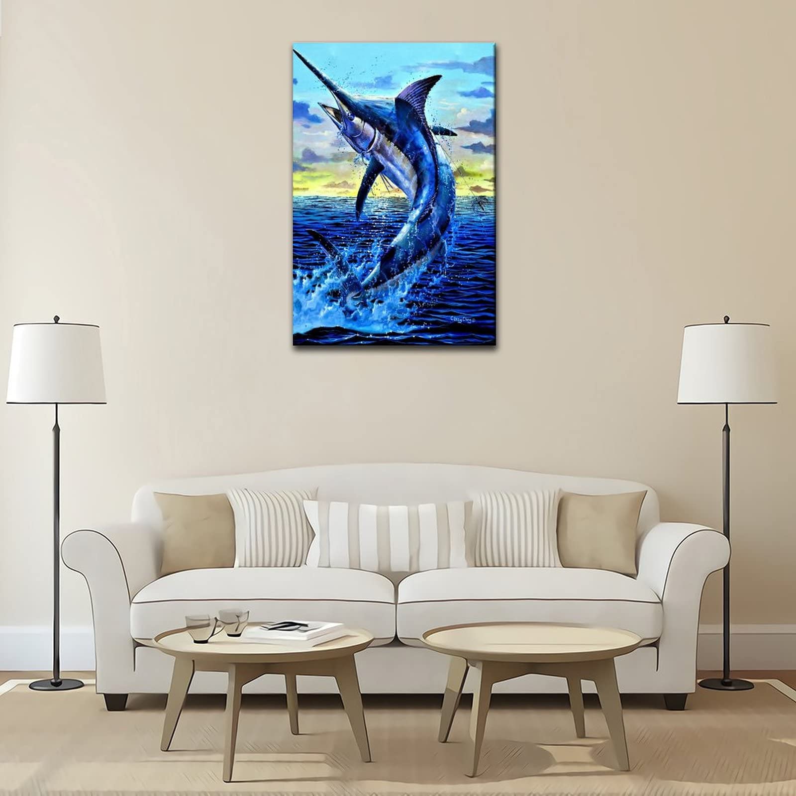 Blue Marlin Fishing Canvas Art Poster - Ocean Jumping Fish Wall Decor for Living Room, Office & Nautical Theme Spaces