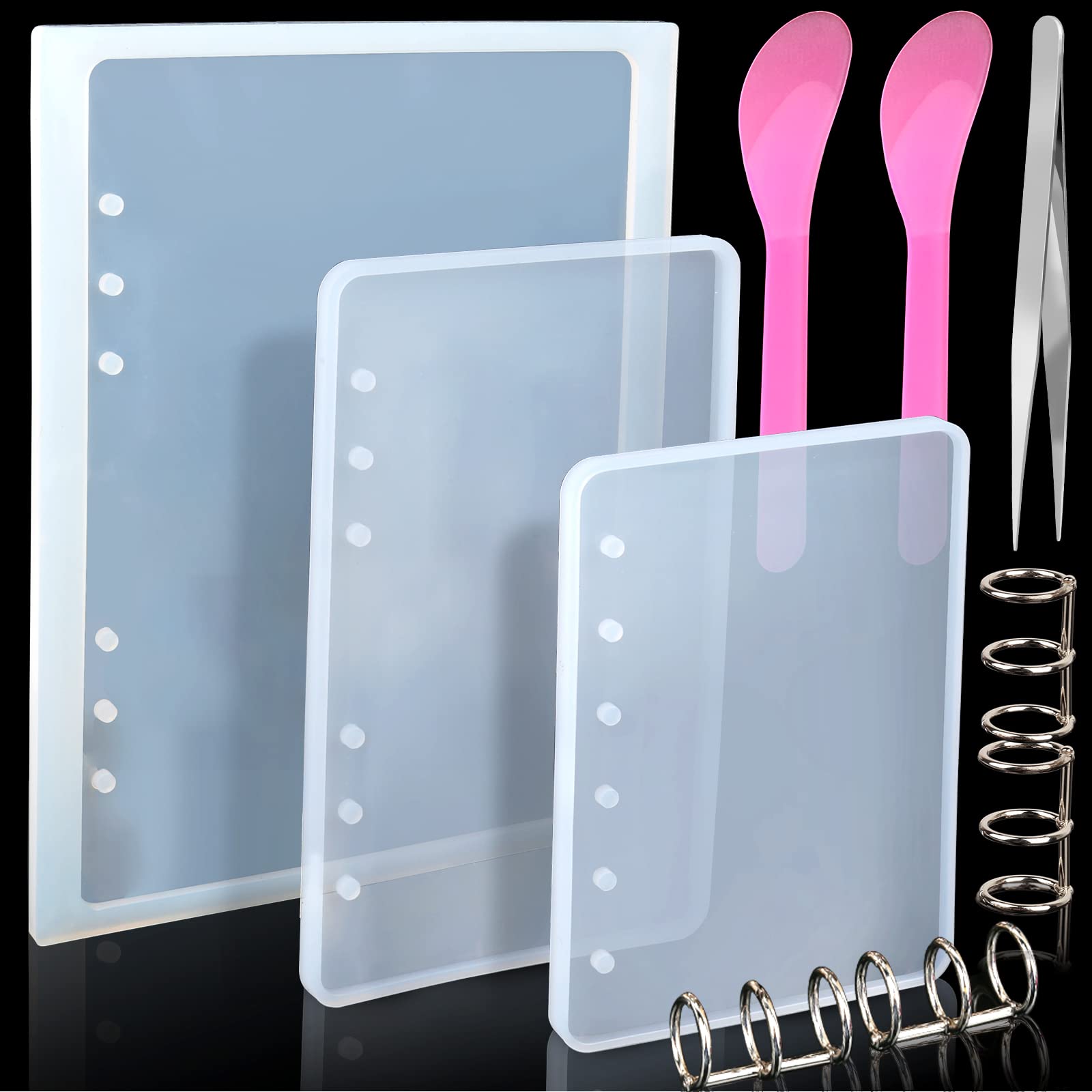 LEOBRO 3Pcs A5 A6 A7 Notebook Cover Silicone Molds for Resin Crafts - DIY Epoxy UV Resin Notebook Covers with Book Binder Rings - Perfect for Scrapbooking, Journaling, and Handmade Gift Making