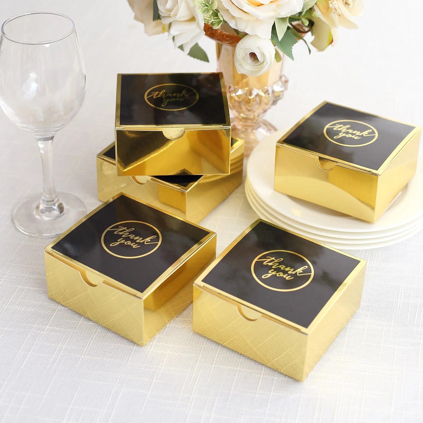 25 Pack 4x4 Inch Square Favor Boxes with Thank You Print - Gold and Black Gift Holders for Weddings, Parties & Special Events