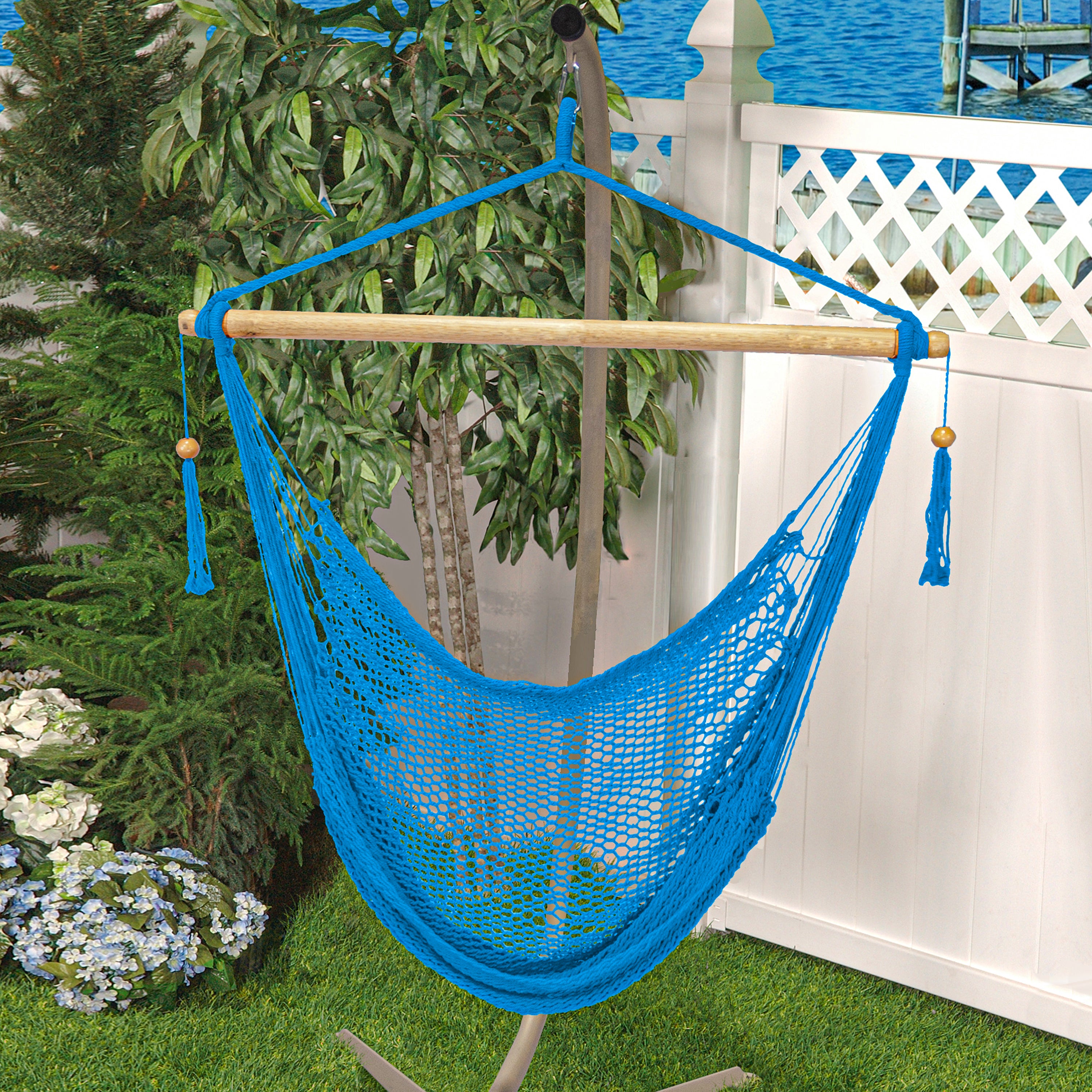 Bliss Hammocks BHC 412LB Island Rope Hammock Chair with Spreader Bar & Hanging Hardware - 40 Inch Wide, 265 LB Weight Capacity - Light Blue - Perfect for Backyard, Patio, Porch, and Indoor Relaxation