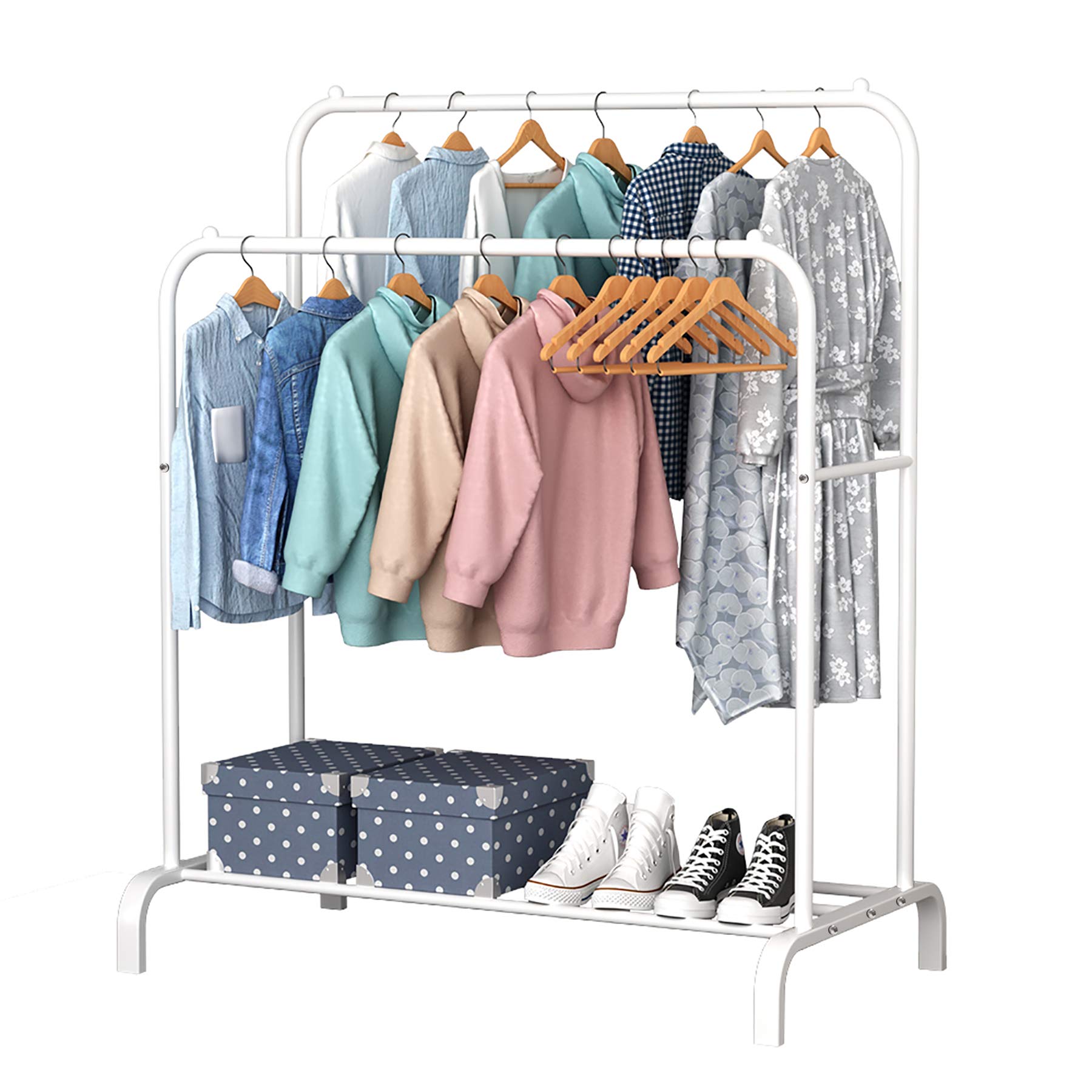 Heavy Duty Metal Clothes Rack with 2 Top Rods & Lower Storage - YAYI Garment Rail for Bedroom, Closet & Laundry Room Organization (White)