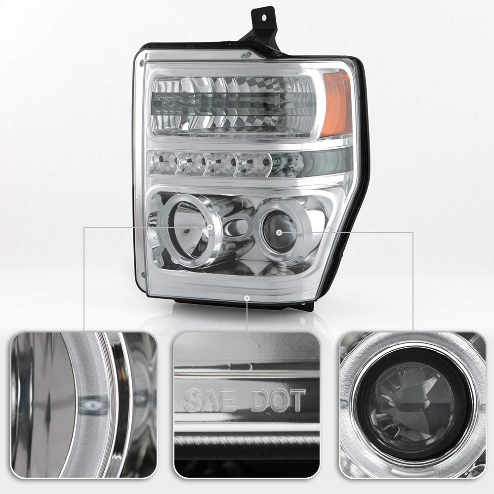 ACANII LED Halo Ring Projector Headlights for 2008-2010 Ford F250 F350 SuperDuty - Chrome Housing Replacement Headlamps with Bright Beam for Night Driving & Off-Road Adventures