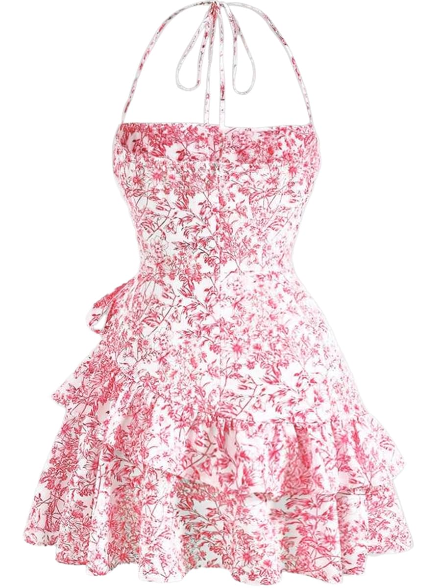 Stylish Narecte Summer Dresses for Women - Backless Tie Mini Dress, Halter Neck Floral Print Short Dress with Ruffle Trim | Perfect for Beach Vacations, Date Nights & Casual Outings
