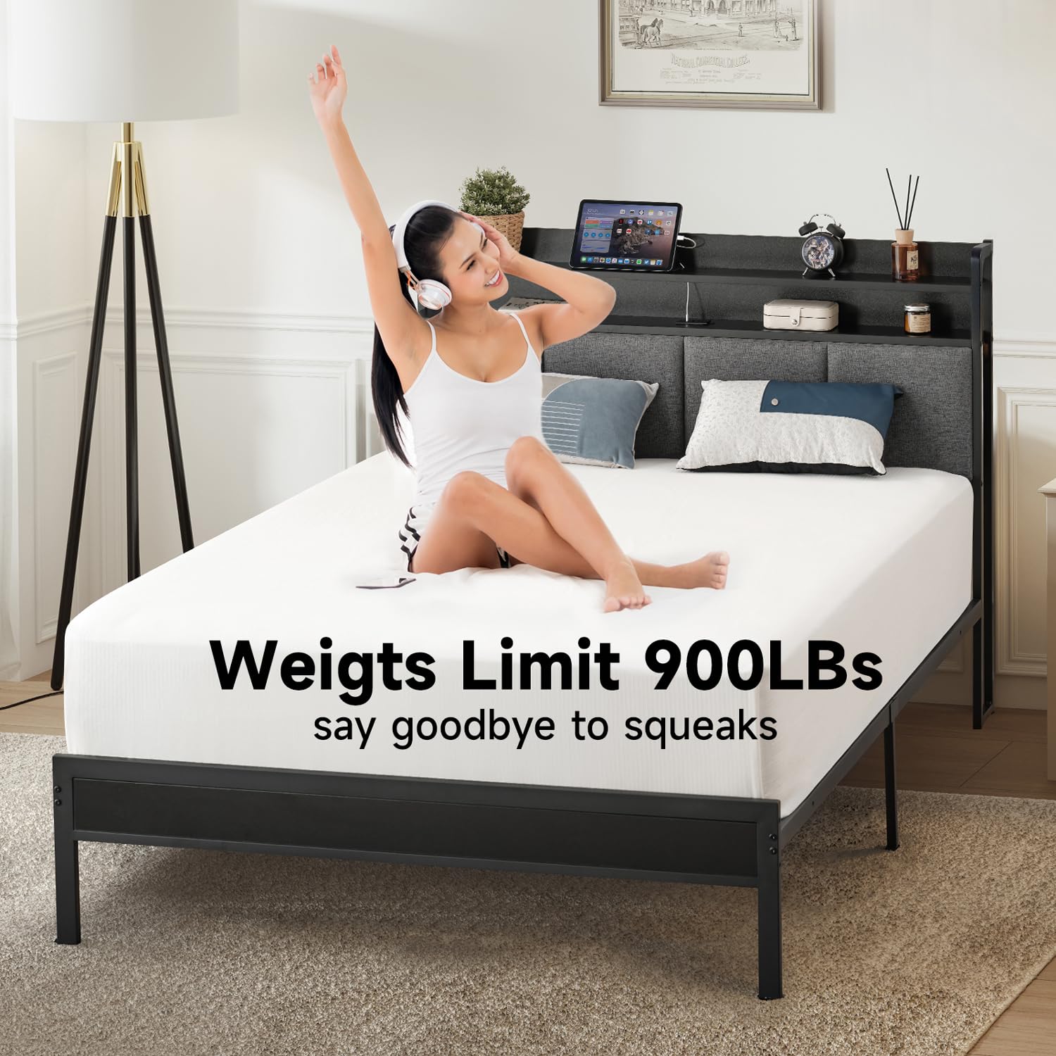 Z-hom Upholstered Twin Bed Frame with LED Headboard - Modern Metal Platform Bed with USB Charging Ports & Storage Shelves, Noise-Free Easy Assembly Bedroom Furniture for Teens, Dorms & Small Spaces