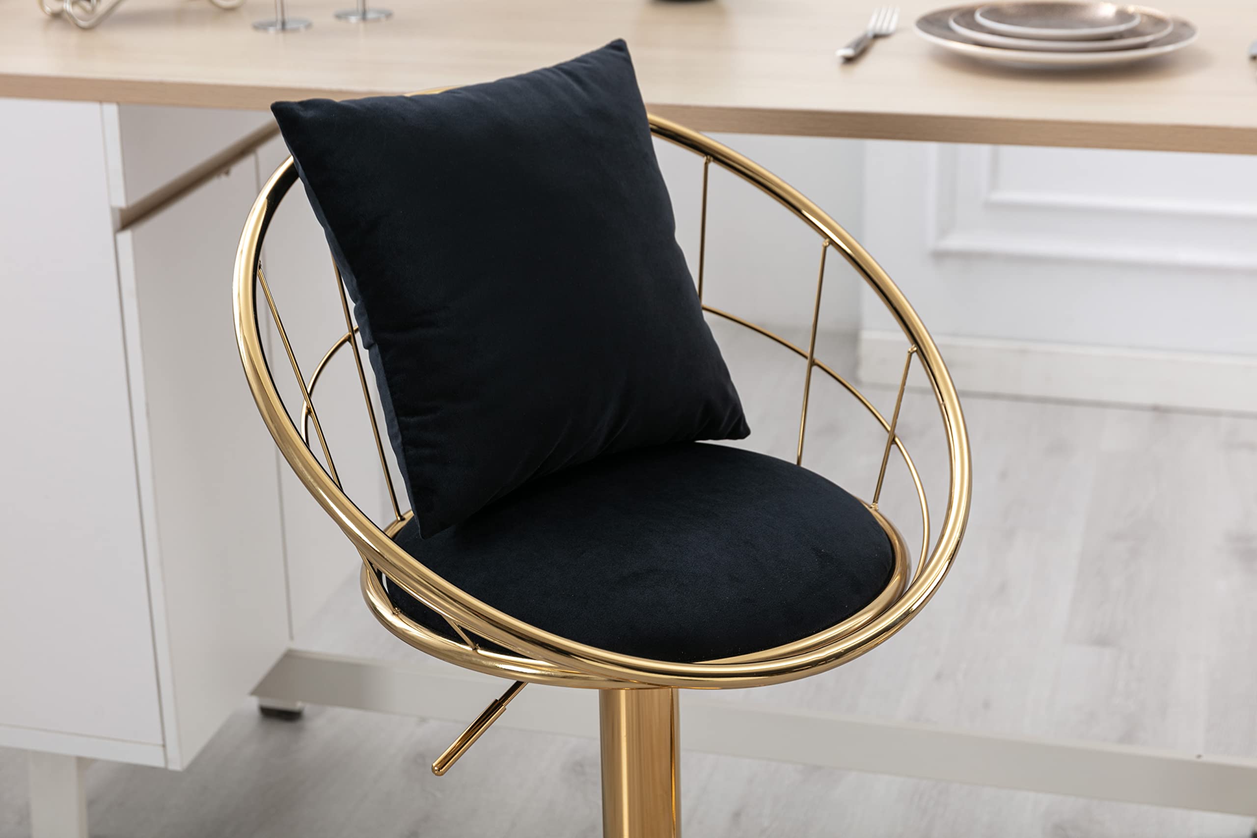 Modern Gold Bar Stools Set of 2 - 360° Swivel Adjustable Height Counter Stools with Net Back & Velvet Cushion - Upholstered Bar Chairs for Kitchen, Bistro, Pub, Dining Room - Perfect for Home Bars, Breakfast Nooks & Entertainment Spaces (Black)