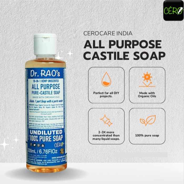 Dr. Rao's Unscented Pure Castile Soap - 100% Organic, Undiluted Multi-Purpose Liquid Soap for Body, Dishes & Laundry (200ml) | Gentle Cleanser for Sensitive Skin & Eco-Friendly Household Use