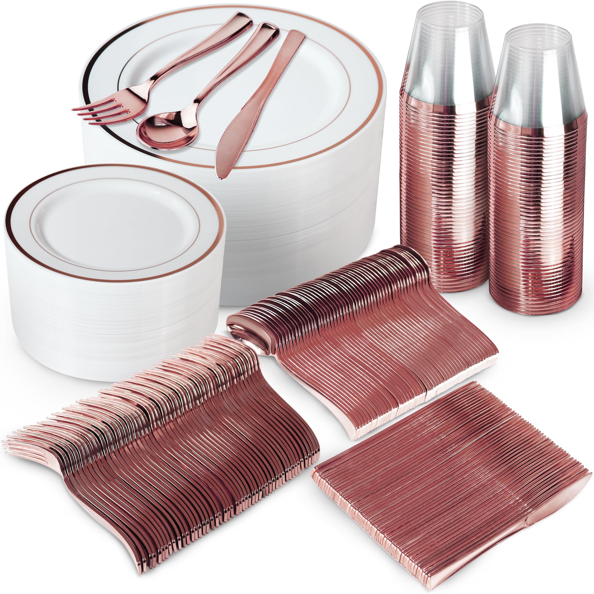 600-Piece Rose Gold Disposable Dinnerware Set - 200 White & Rose Gold Plastic Plates, 300 Rose Gold Plastic Cutlery, 100 Plastic Cups - Elegant Party Supplies for Weddings, Bridal Showers & Events (Serves 100 Guests)