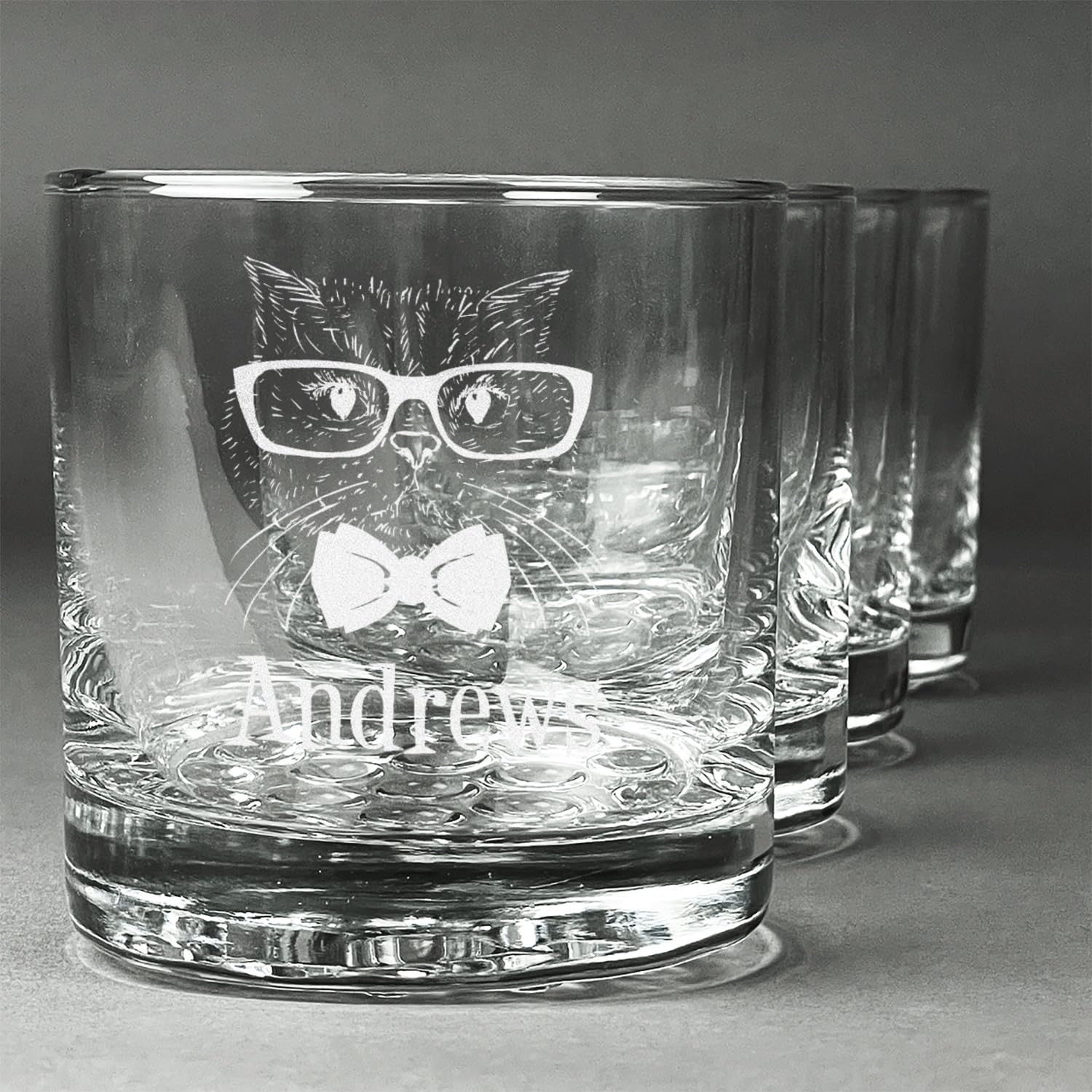 Personalized Hipster Cat Whiskey Glasses Set of 4 - Unique Barware Gift for Cat Lovers, Whiskey Enthusiasts & Home Entertaining