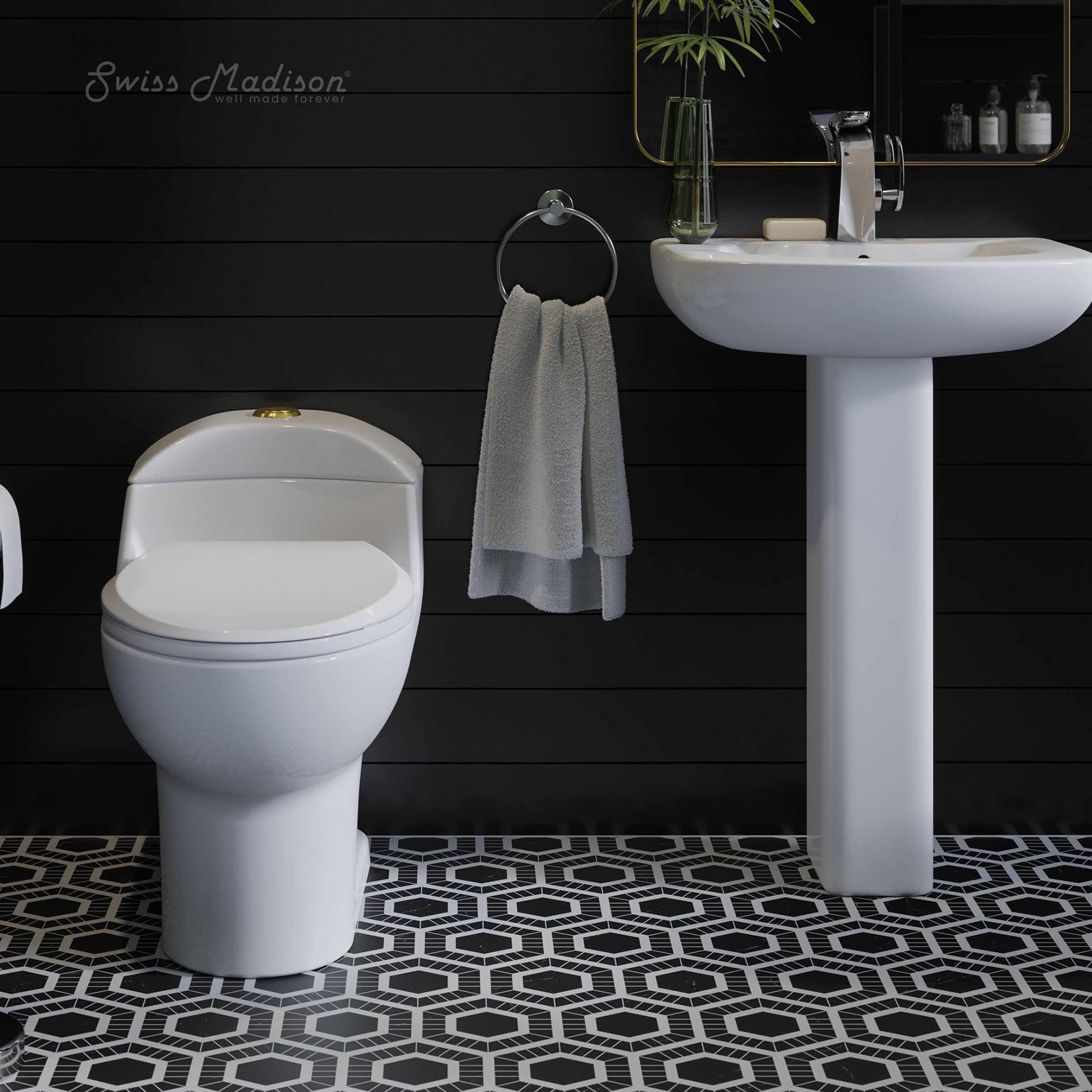 Luxury Chateau One Piece Elongated Toilet with Dual Flush System (1.1/1.6 GPF) & Brushed Gold Hardware - Modern Water-Saving Bathroom Upgrade for Homes & Hotels