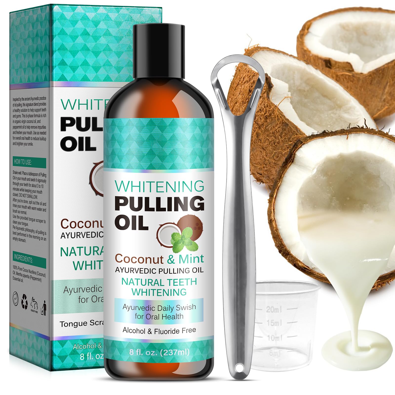 Organic Coconut & Peppermint Oil Pulling Mouthwash with Tongue Scraper - Natural Alcohol-Free Oral Rinse for Gum Health, Fresh Breath & Teeth Whitening (8 Fl Oz) | Ayurvedic Mouthwash for Daily Oral Care & Detox