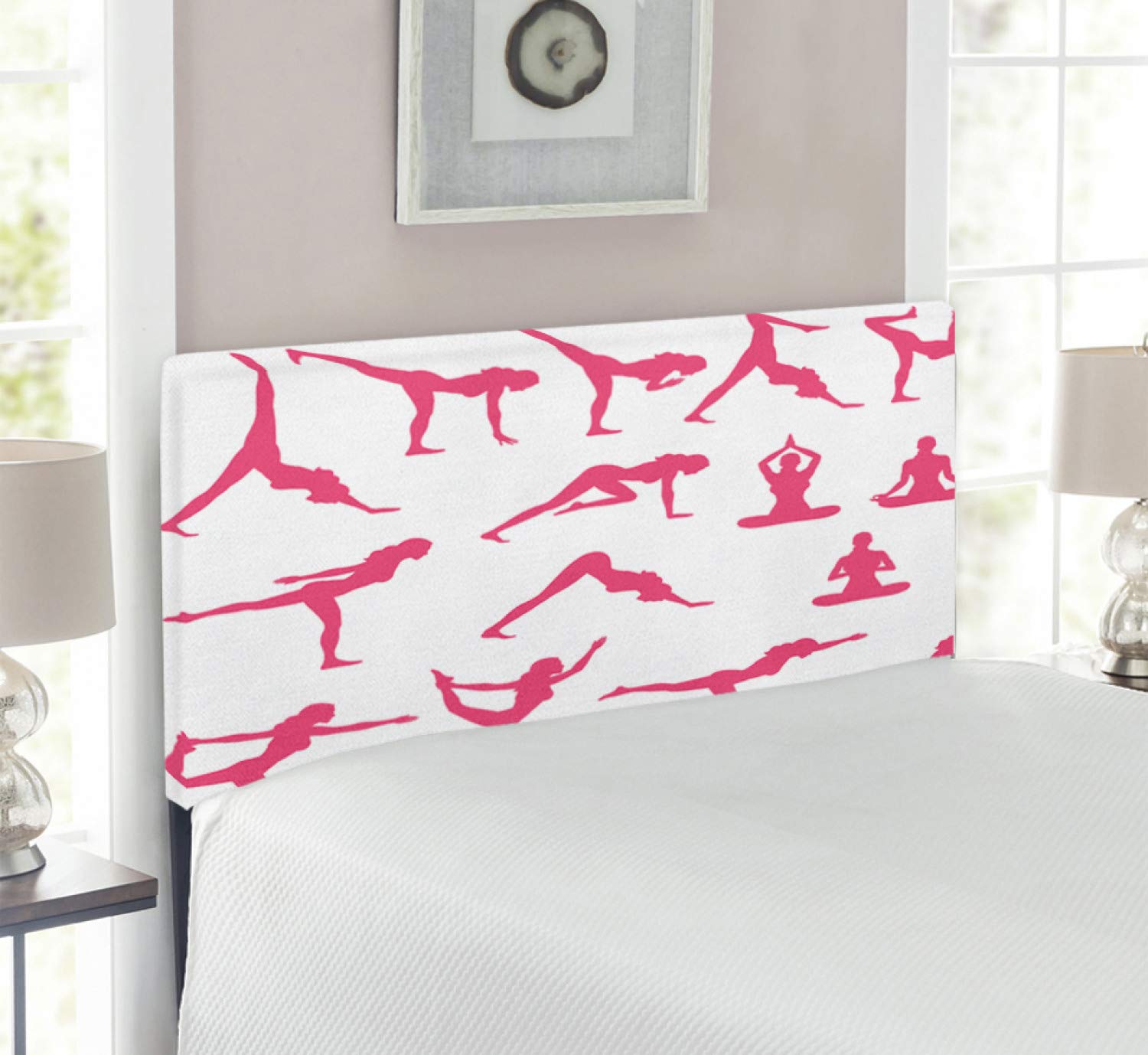Ambesonne Yoga Headboard - Pink Women Silhouettes in Yoga Poses, Upholstered Metal Bed Headboard with Memory Foam, Twin Size (Pink & White) - Perfect for Yoga Enthusiasts' Bedrooms, Meditation Spaces & Fitness Studios