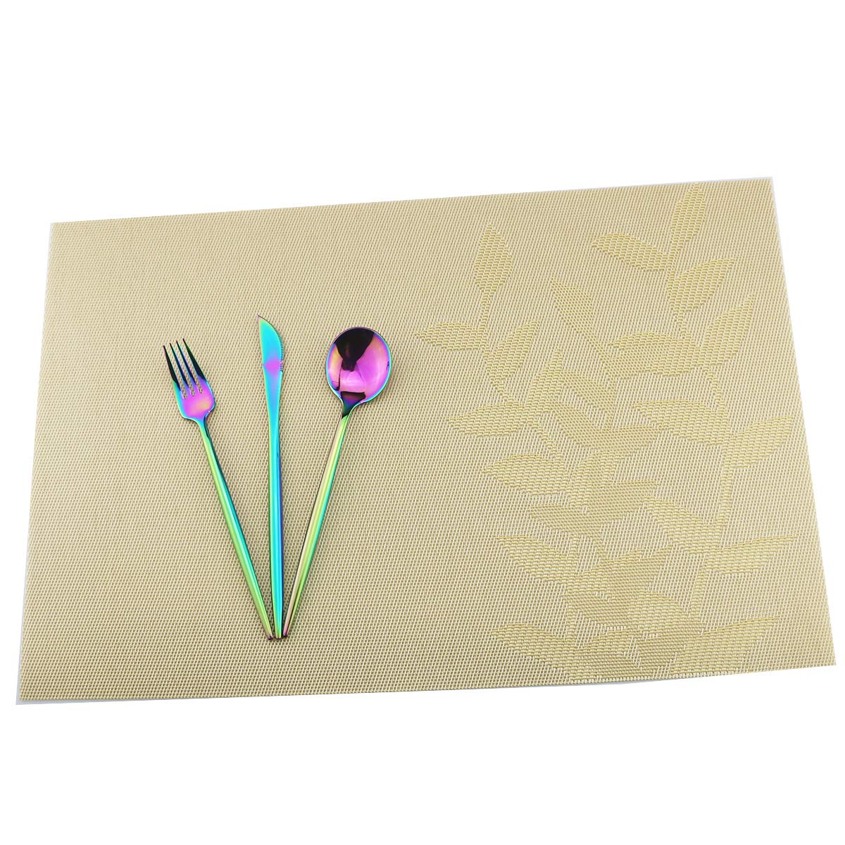 Gold Floral Vinyl Placemats Set of 6 - Heat Resistant Non-Slip Table Mats for Dining - Woven Crossweave Design - Indoor/Outdoor Kitchen Use - Easy Wipe Clean - Perfect for Dinner Parties, BBQs, and Everyday Meals