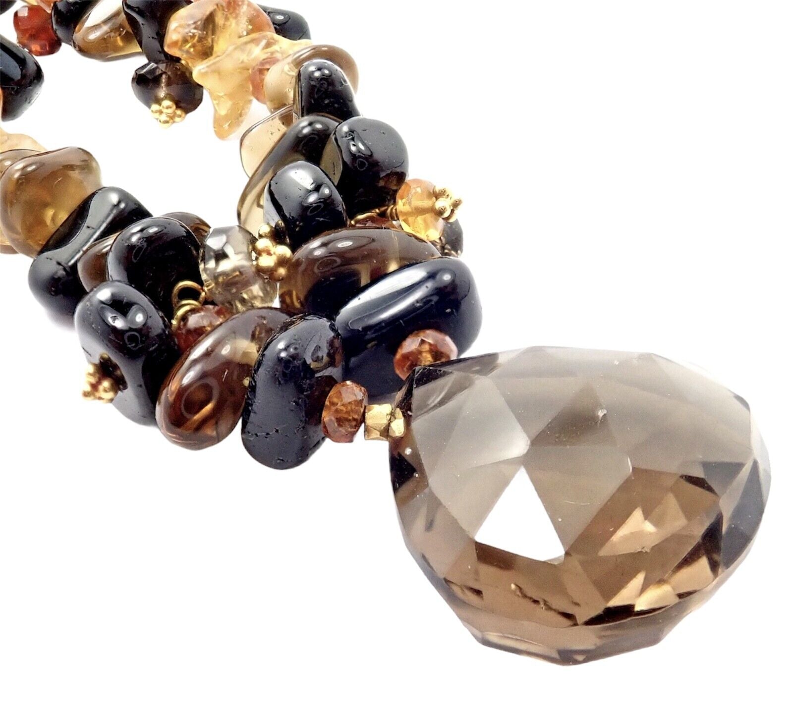 18K Yellow Gold Briolette Smokey Topaz Onyx Bead Necklace for Women - Elegant Statement Jewelry for Evening Parties & Special Occasions