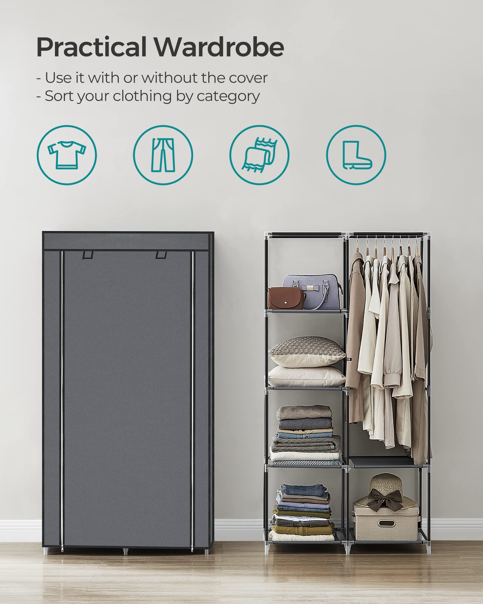 SONGMICS Portable Closet with 6 Shelves & Hanging Rail, 34.6