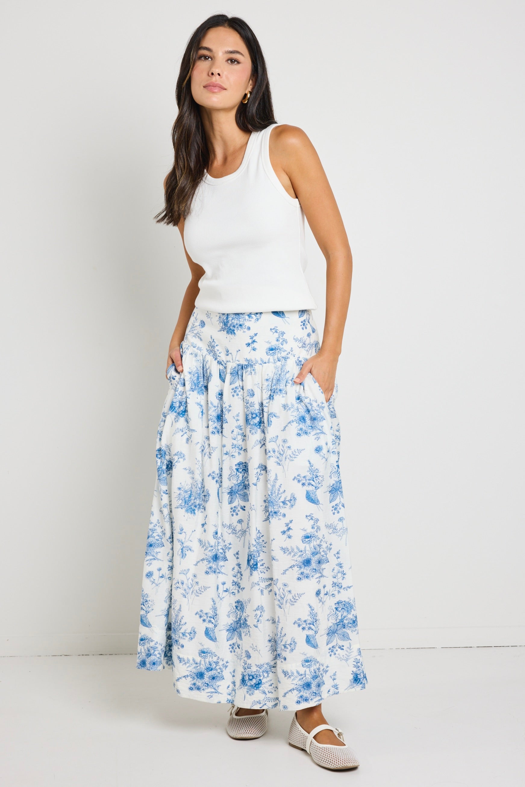 Affinity Porcelain Print Shirred Back Tiered Maxi Skirt - Flowy Boho Summer Dress for Women, Beach Vacation & Date Night Outfit