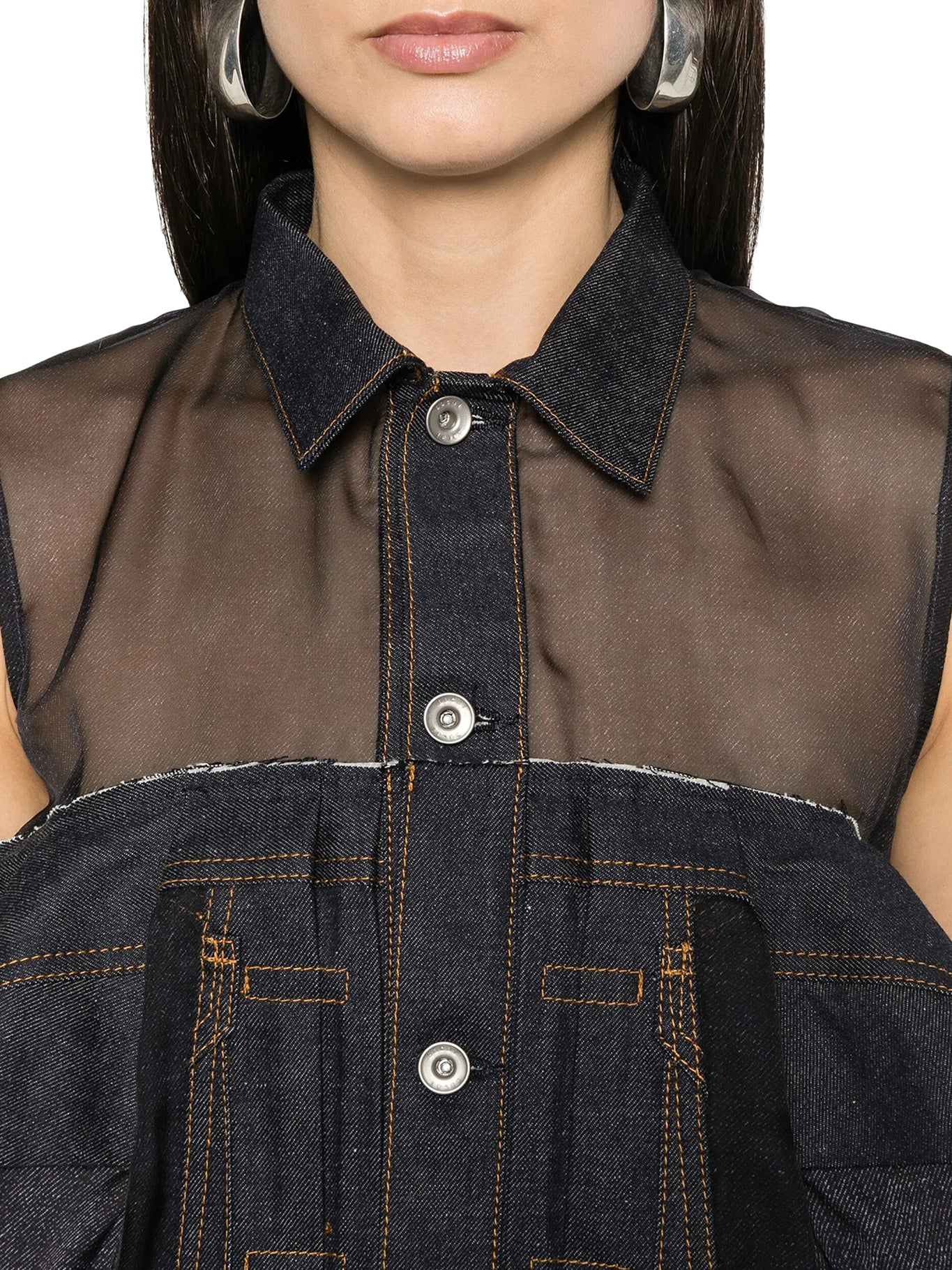 Stylish Denim Shirt with Sheer Fabric Inserts for Women - Trendy Casual & Layering Outfits for Everyday Wear