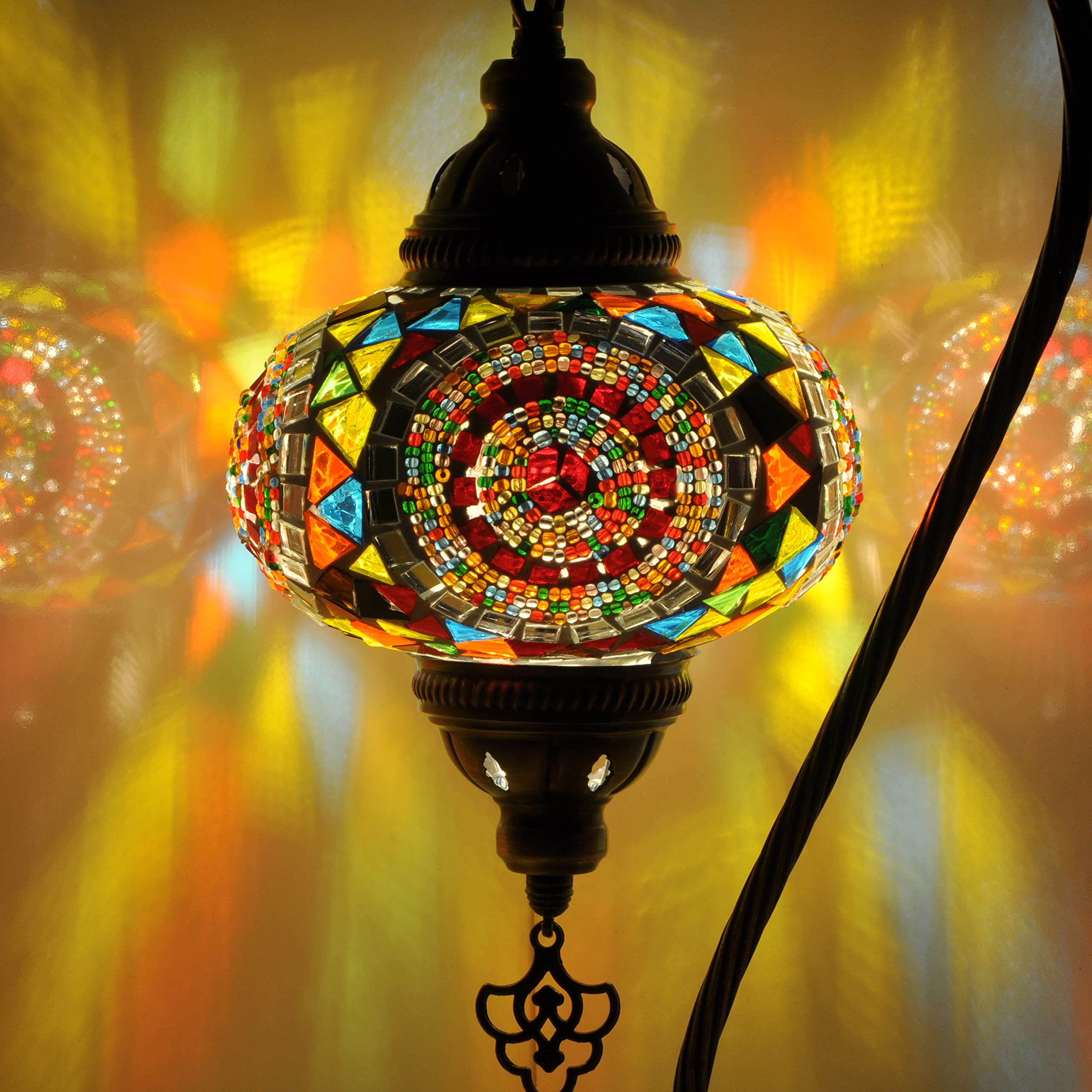 Handmade Turkish Mosaic Table Lamp with Bronze Base & Swan Neck Design - Tiffany Style Stained Glass Bedside Night Light with LED Bulb for Living Room, Bedroom & Home Decor