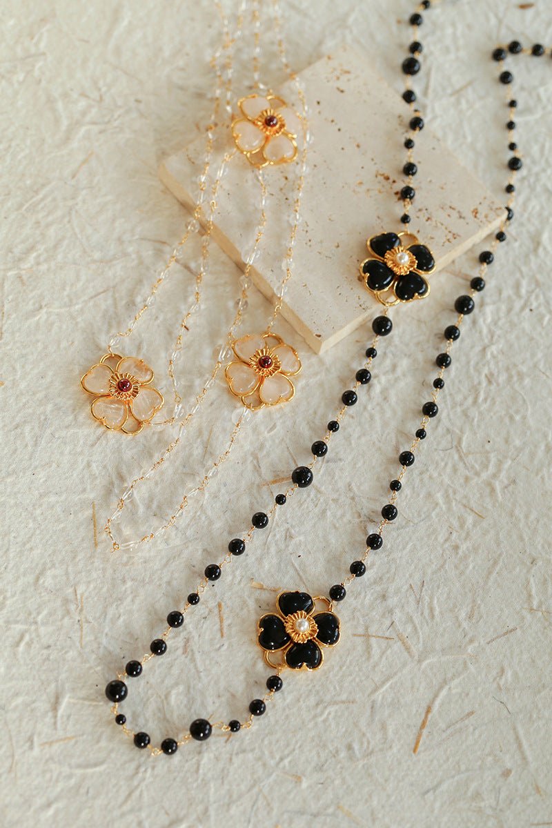Classic French Romance Clover Long Necklace with Black Onyx - Elegant Jewelry for Women, Perfect Gift for Valentine's Day, Anniversary or Special Occasions