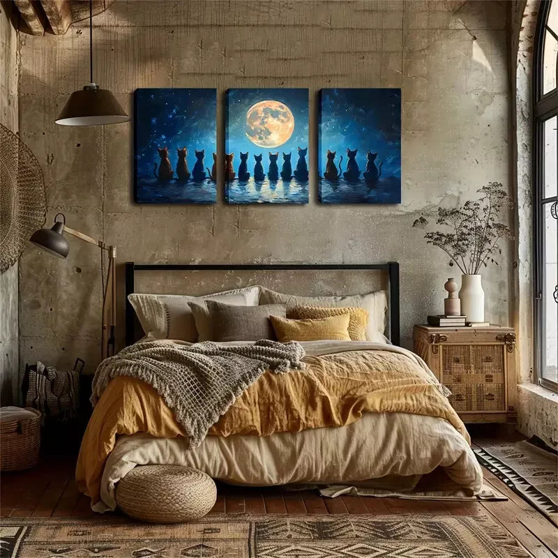 3-Piece Cat Wall Art Set - Framed Canvas Prints of Cats Gazing at the Moon (40x60cm) | High Quality Australian Made Home Decor | Perfect for Living Room, Bedroom & Office Décor