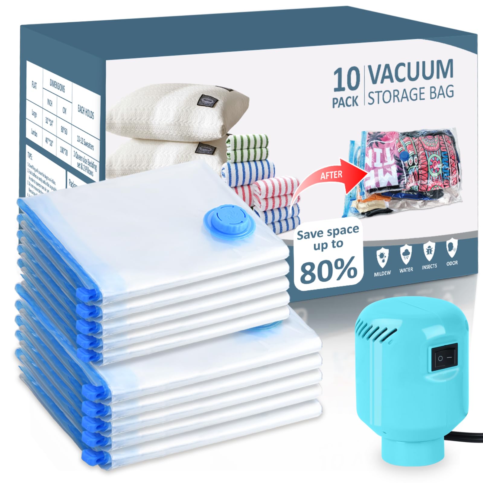 10 Pack Large Vacuum Storage Bags with Electric Pump (5 Jumbo/5 Large) - Space Saving Vacuum Seal Bags for Clothes, Comforters & Blankets | Perfect for Travel, Seasonal Storage & Home Organization