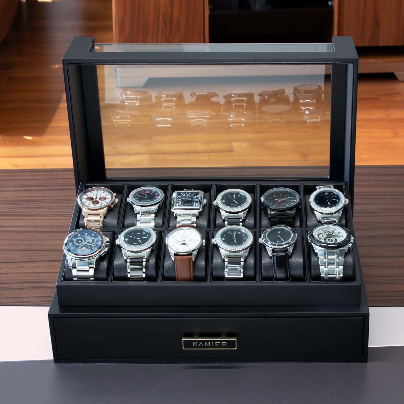 Luxury 12-Slot Wooden Watch Box with Glass Lid & Drawer - 2-Layer Watch Display Case for Men & Women - Premium Jewelry and Watch Storage Organizer - Perfect Gift for Watch Collectors (Ideal for Home, Office, or Travel Use)