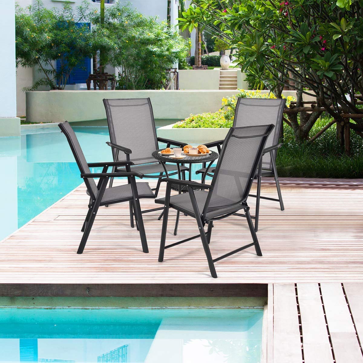 Foldable Patio Chairs Set of 4 - Portable Indoor & Outdoor Lounge Chairs with Armrests & Footrest - Durable Metal Frame & Breathable Fabric for Dining, Lawn, Garden, Backyard, Poolside - Perfect for Relaxing, Sunbathing & Outdoor Entertaining