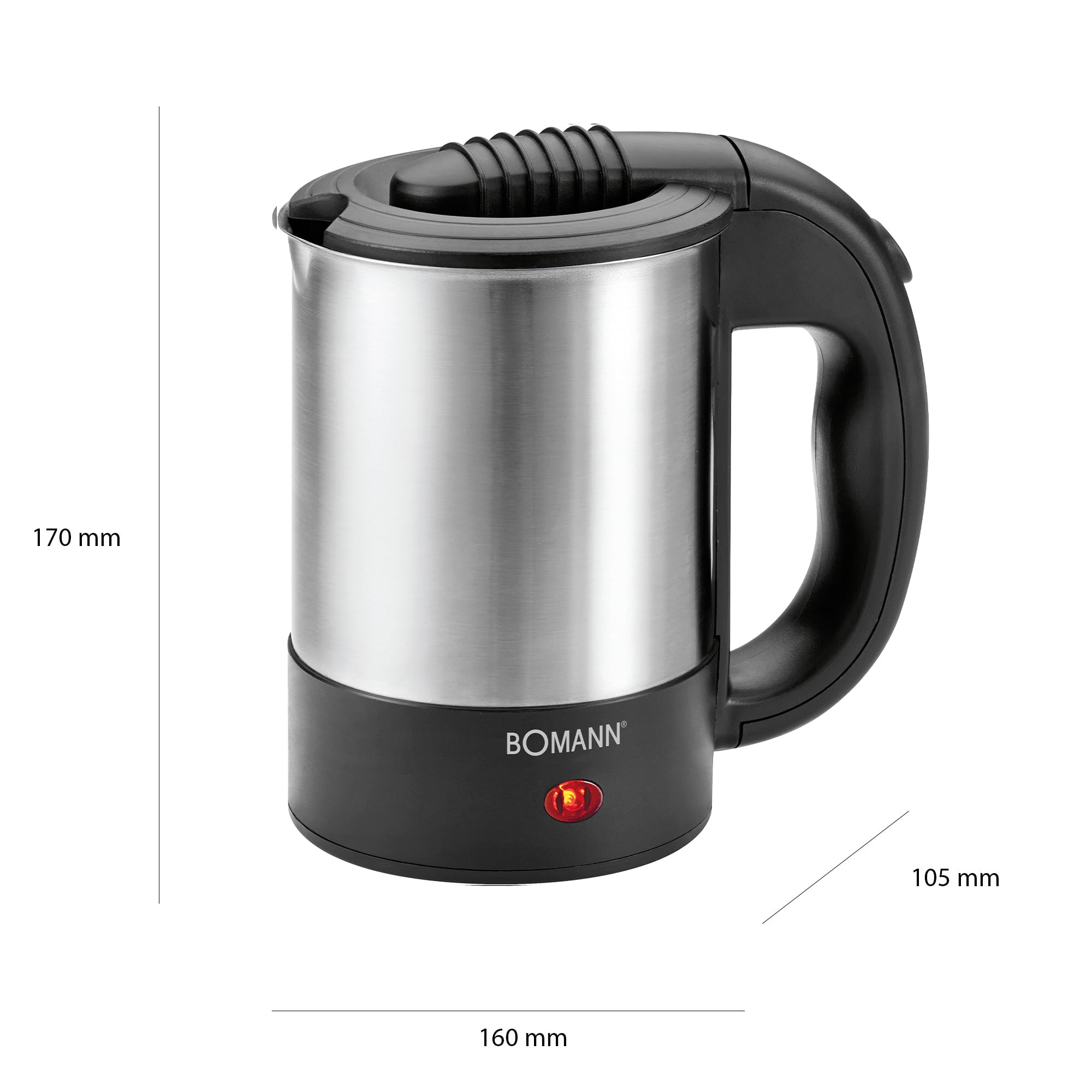 Bomann® WKR 1162 CB Compact 0.5L Travel Electric Kettle with Concealed Heating Element & 2 Cups - Stainless Steel Mini Kettle for Office, Dorm, Camping & Hotel Use
