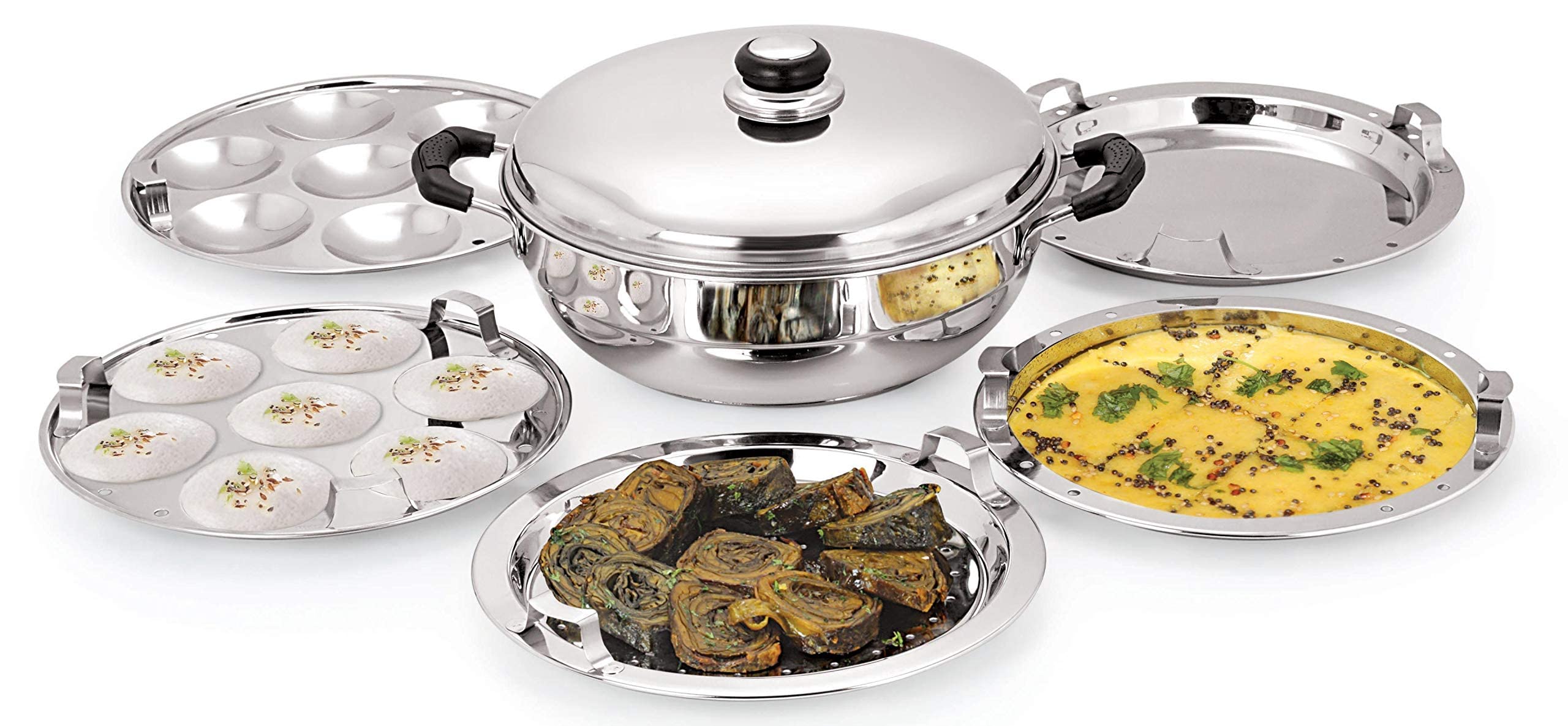 Premium Stainless Steel Tri-Ply Induction Compatible Kadai with Lid & 5 Stackable Plates (2 Idli, 2 Dhokla, 1 Patra) - 27cm/4.75L Multipurpose Indian Cookware for Steaming, Frying & Serving - Perfect for Home Kitchens & Indian Cooking