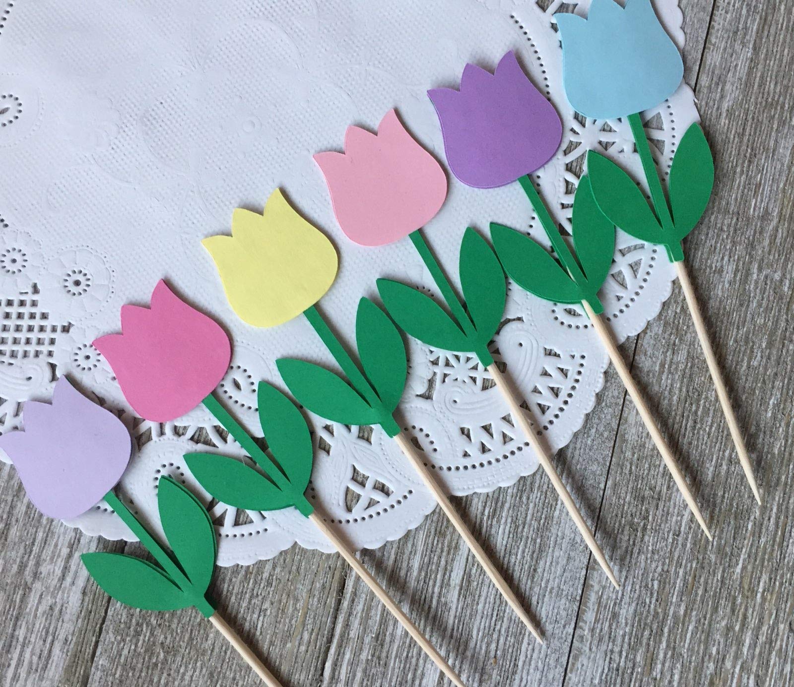 Spring Tulip Cupcake Toppers - Easter Party Decorations - Mother's Day Food Picks - Floral Baking Supplies for Cupcakes, Cakes & Desserts - Perfect for Birthday, Wedding & Baby Shower Celebrations