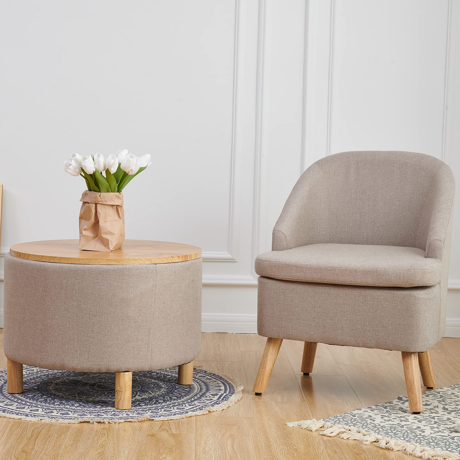 Stylish Beige Barrel Accent Chair with Upholstered Cotton Linen Fabric & Wooden Legs - Perfect Round Single Sofa for Living Room, Bedroom or Office Decor