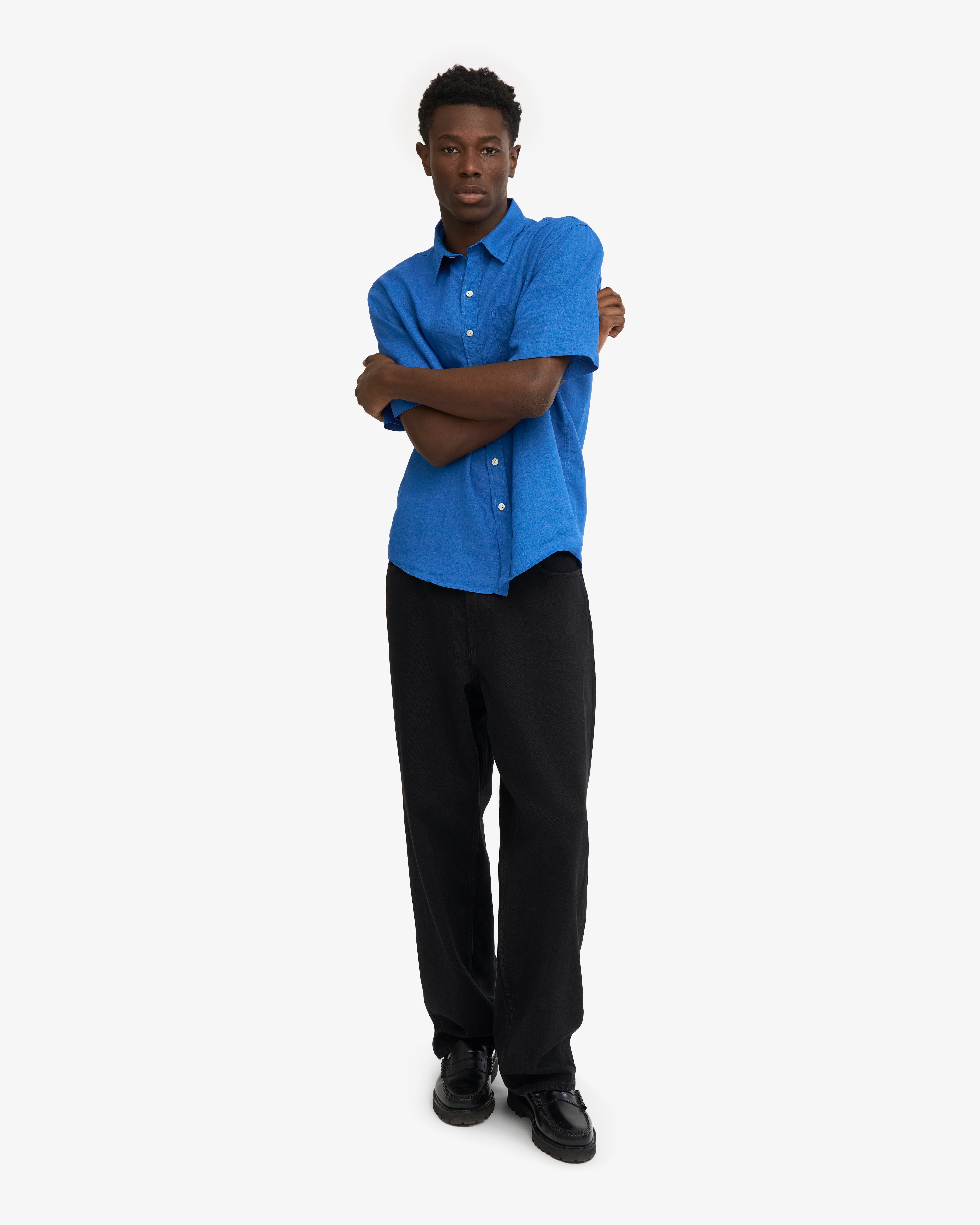 Premium Linen Short Sleeve Shirt for Men - Breathable & Comfortable Summer Casual Wear in Pacific Blue - Perfect for Beach Outings, Vacations & Outdoor Activities
