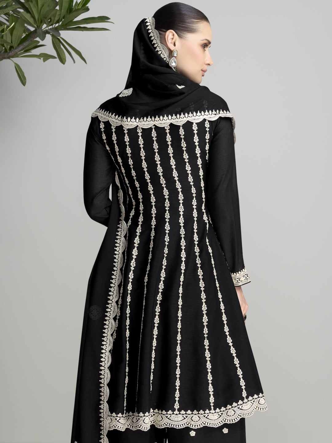 Elegant Black Designer Chinon Silk Sharara Suit with Intricate Embroidery - Perfect for Weddings, Parties & Special Occasions