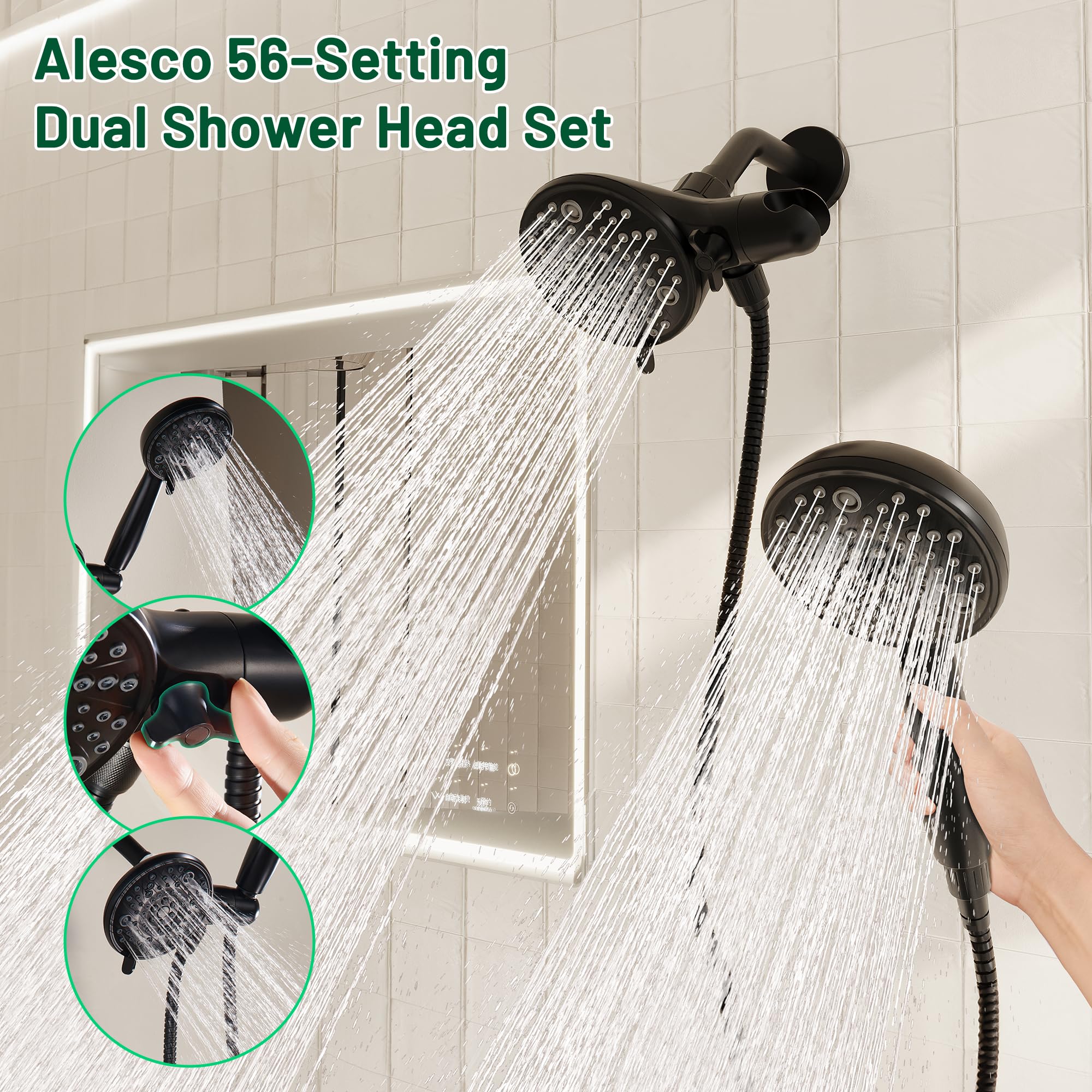 **Alesco 56-Setting Matte Black Shower Head with Handheld Spray Combo - Dual Shower Heads Set, 3-Way Shower System with 59