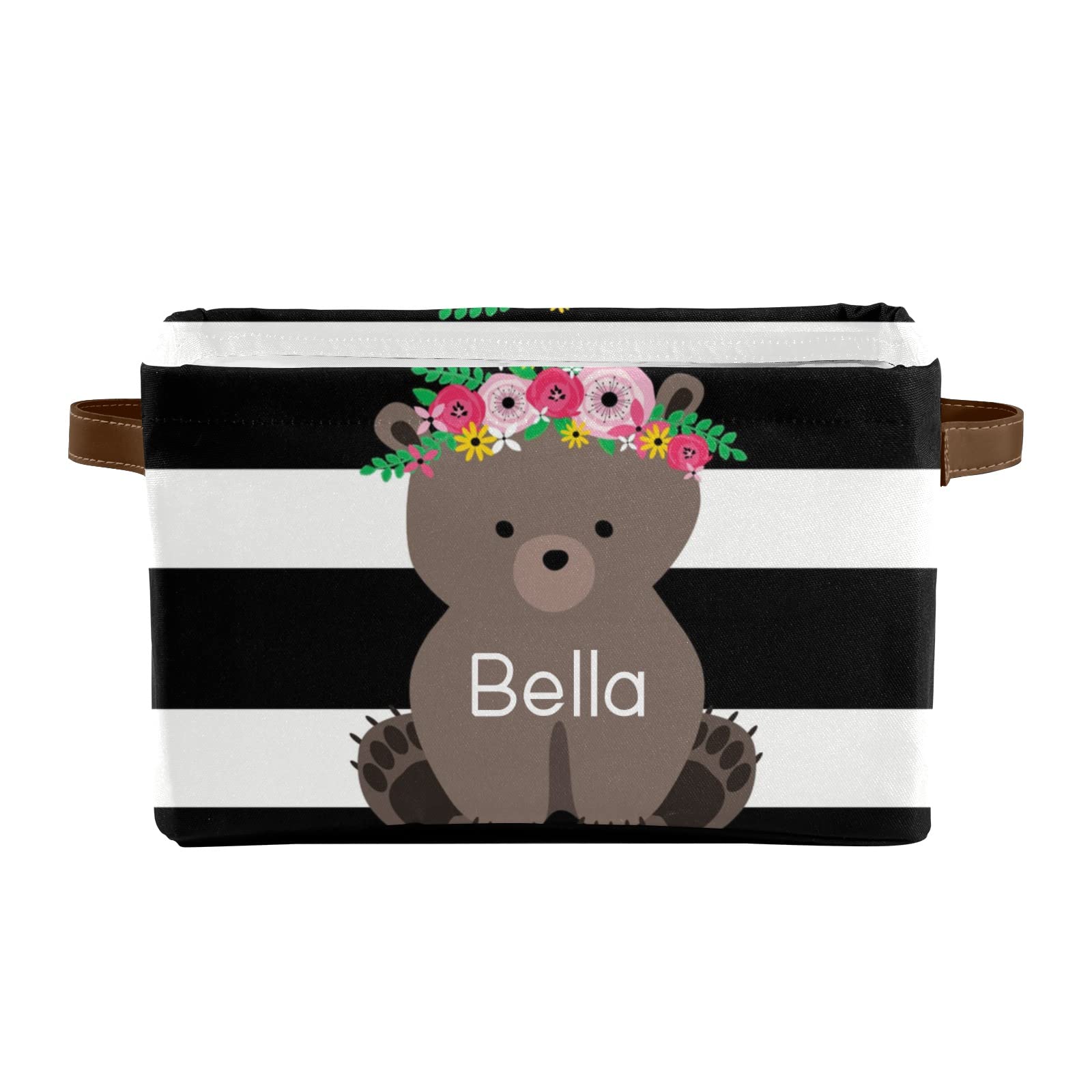 Personalized Cute Bear Stripes Canvas Waterproof Storage Basket with Custom Name - Nursery Organizer, Baby Room Decor, Toy Storage Bin - Perfect for Kids' Rooms, Playrooms & Gift Giving (1 Pack)